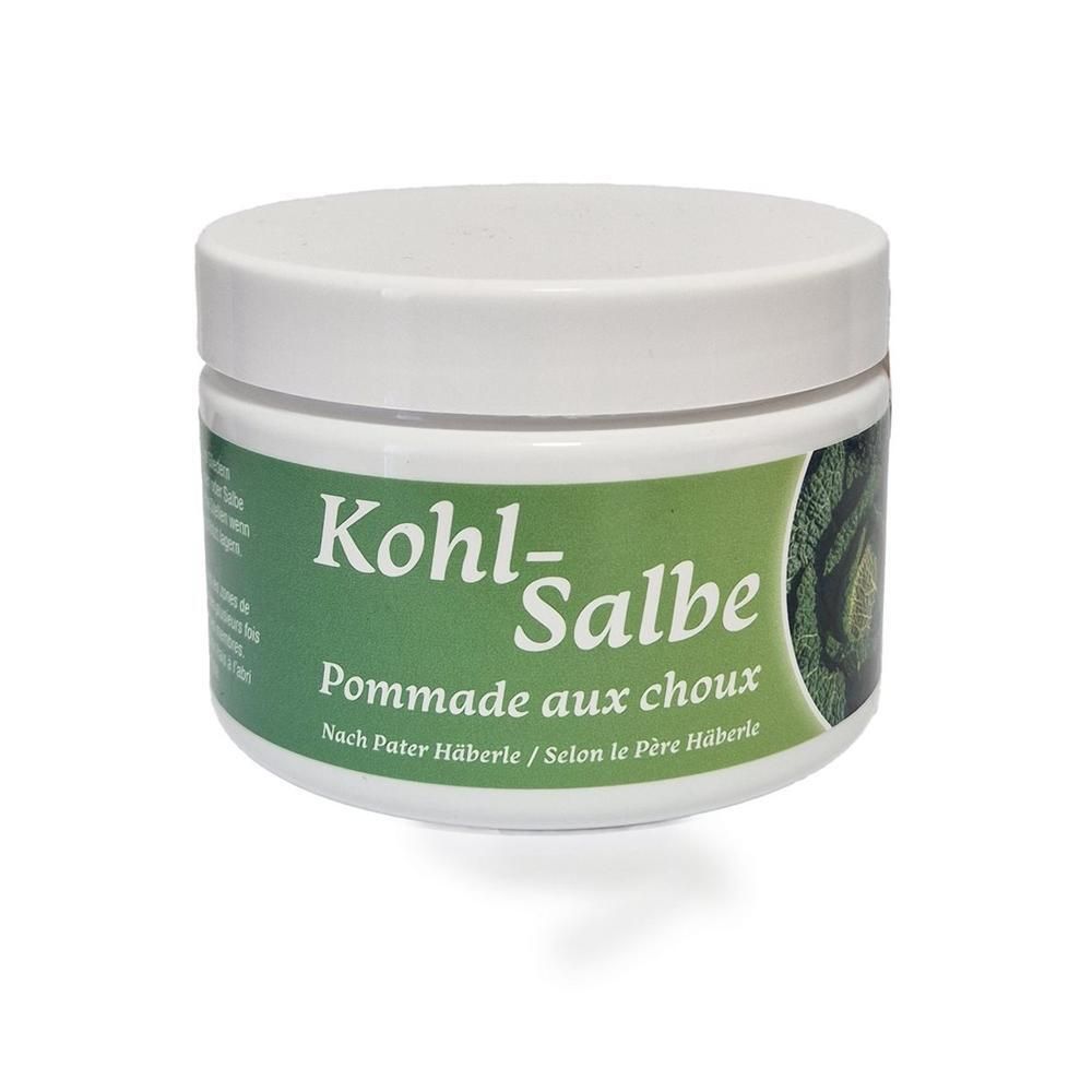 Weißes Tiegel mit grünem Etikett. Aufschrift: Kohl-Salbe, Pommade aux choux. Nach Pater Häberle.