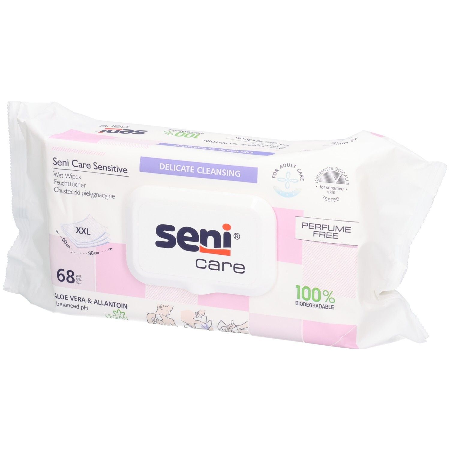 Packung SENI Care Sensitive Feuchttücher, 68 Stück, mit Aloe Vera & Allantoin, parfümfrei, 100% biologisch abbaubar.