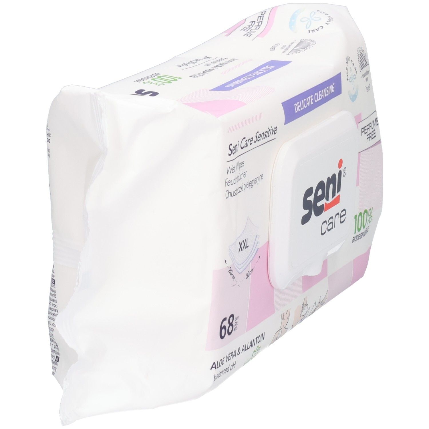Packung SENI Care Sensitive Feuchttücher, 68 Stück, seitliche Ansicht, mit Aloe Vera & Allantoin, parfümfrei.