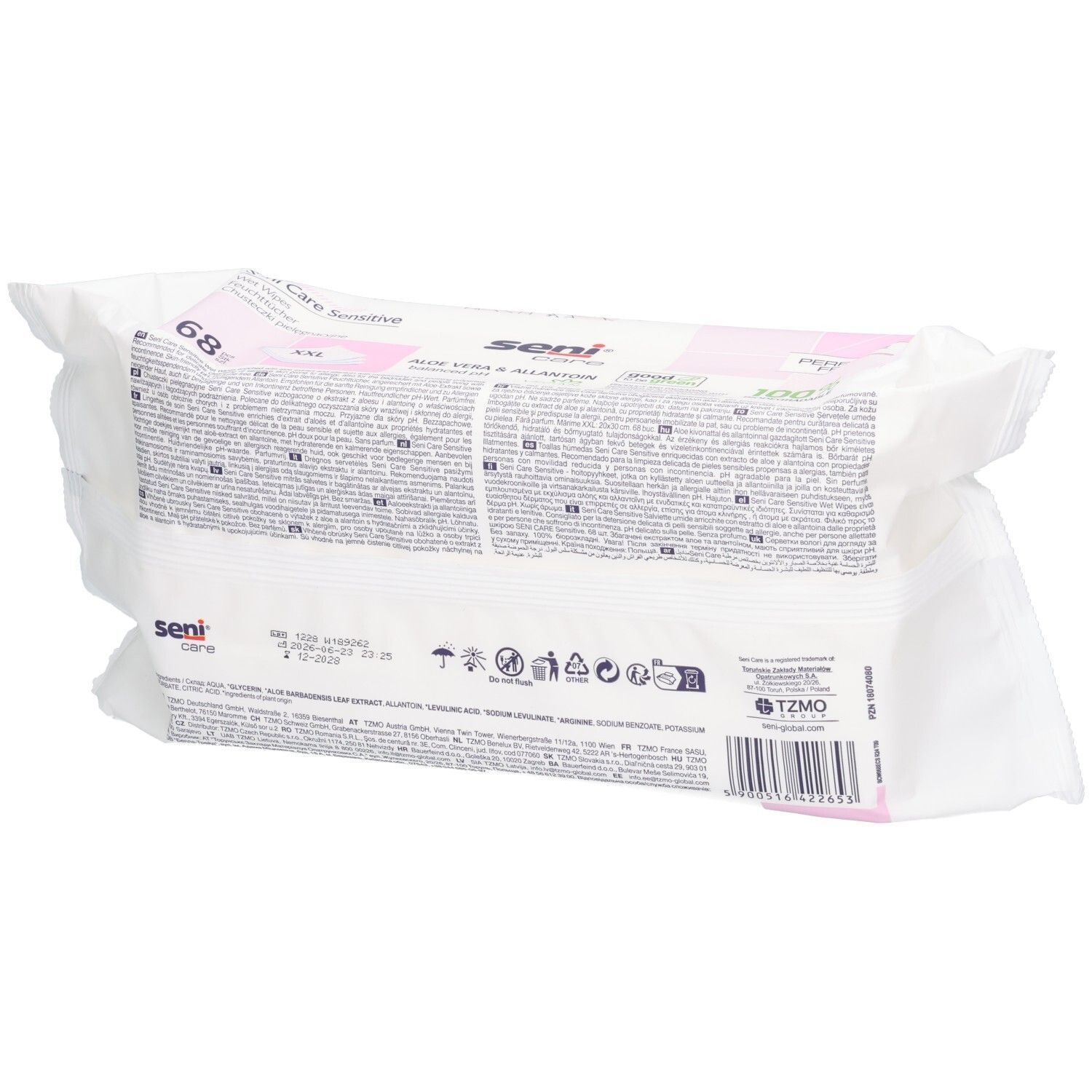 Rückseite der Packung SENI Care Sensitive Feuchttücher, 68 Stück, mit Produktinformationen und Symbolen.