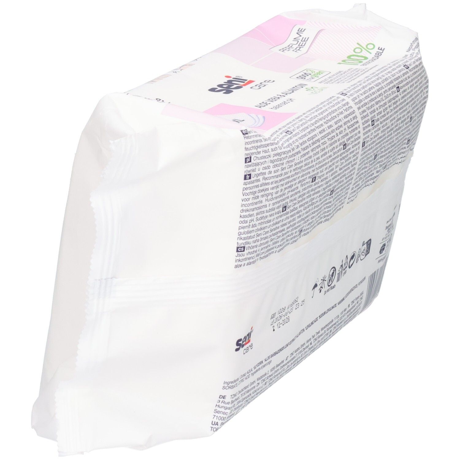 Packung SENI Care Sensitive Feuchttücher, 68 Stück, schräge Seitenansicht, mit Aloe Vera & Allantoin.