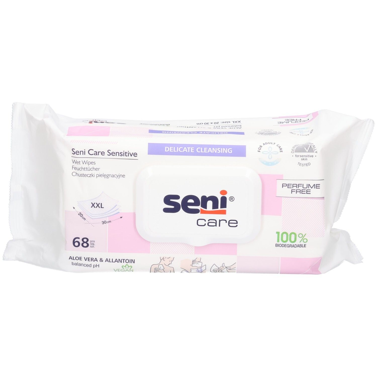 Packung SENI Care Sensitive Feuchttücher, 68 Stück, mit Aloe Vera & Allantoin, parfümfrei, 100% biologisch abbaubar.