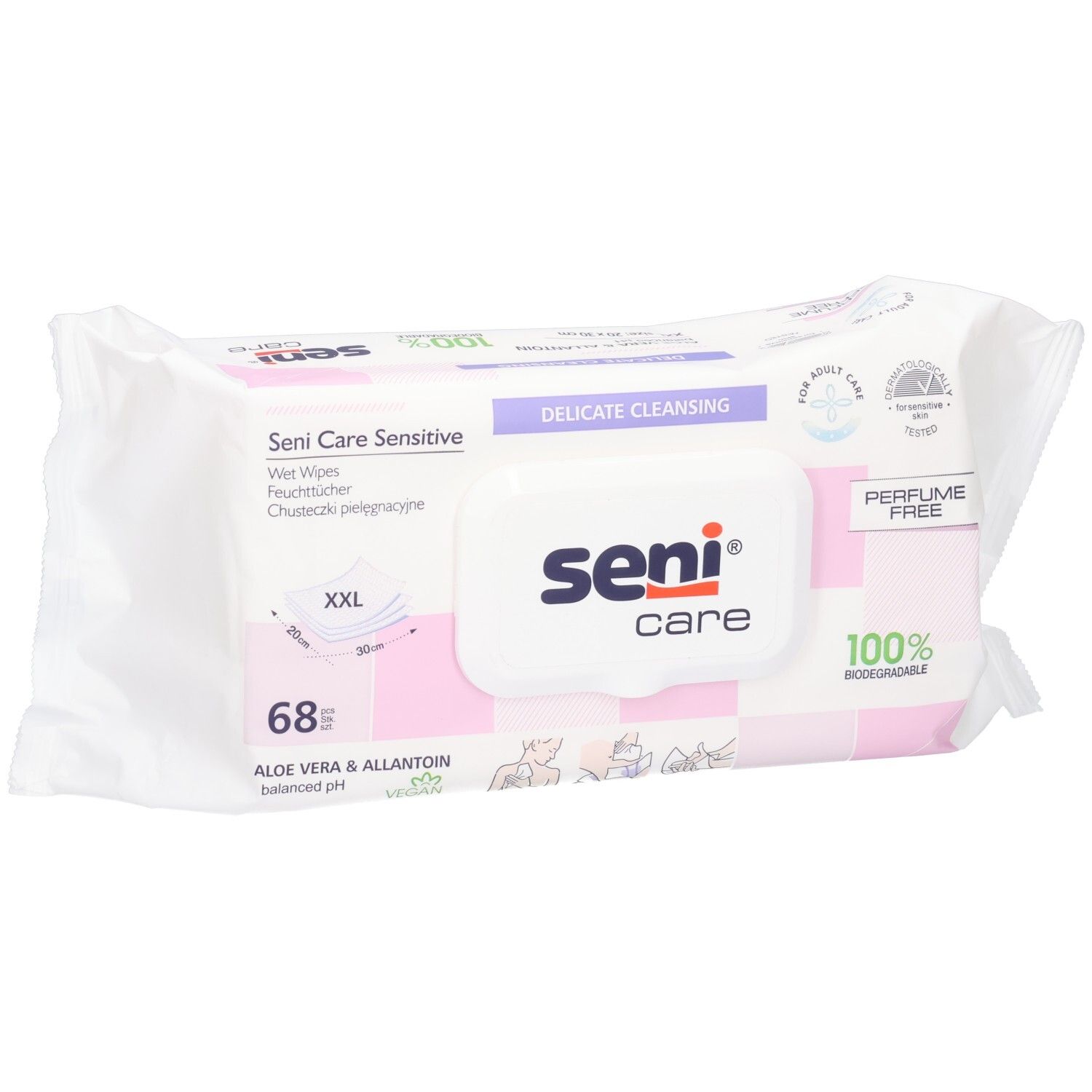 Packung SENI Care Sensitive Feuchttücher, 68 Stück, mit Aloe Vera & Allantoin, parfümfrei, 100% biologisch abbaubar.