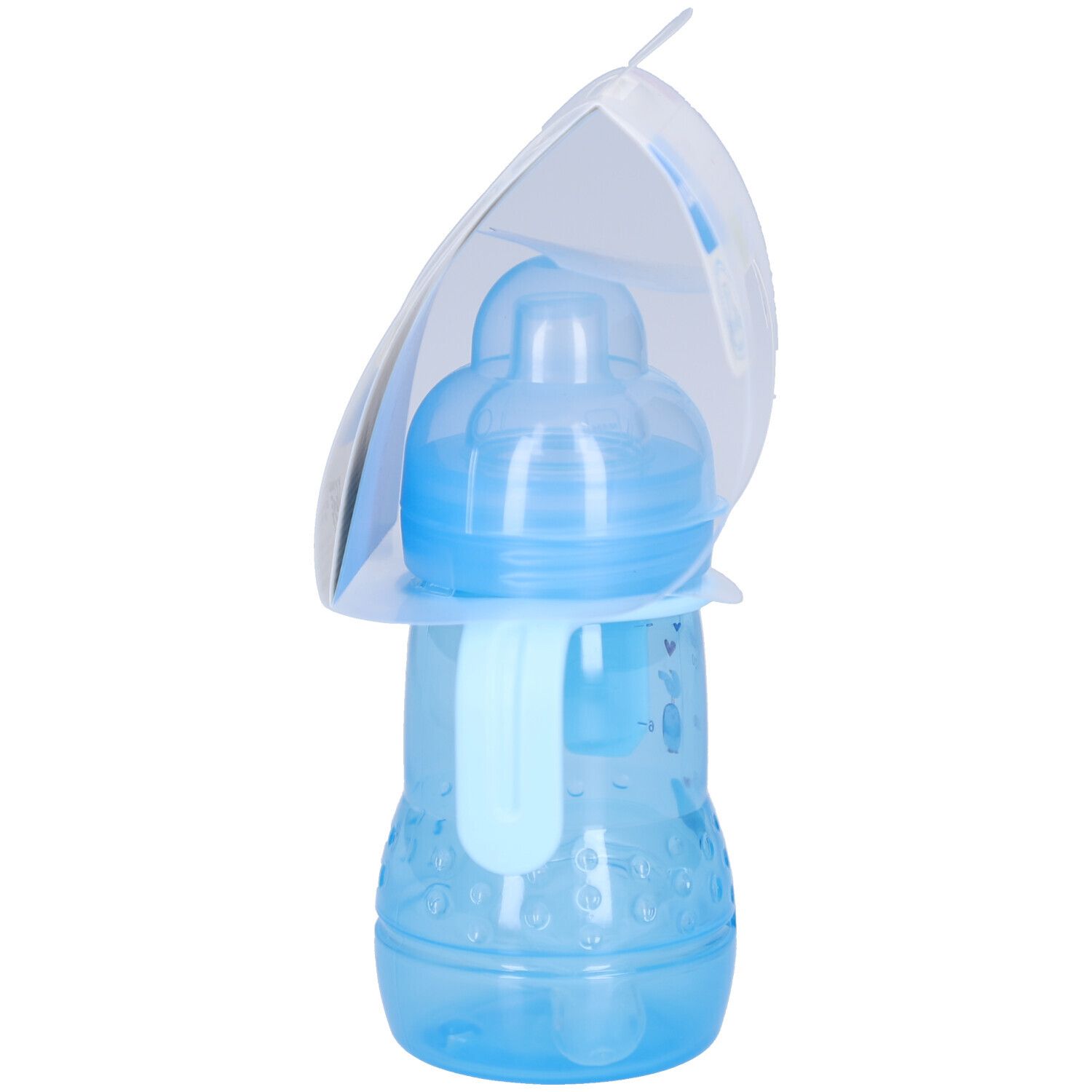 Gobelet d'apprentissage bleu avec poignée. Vue latérale, partiellement emballé.