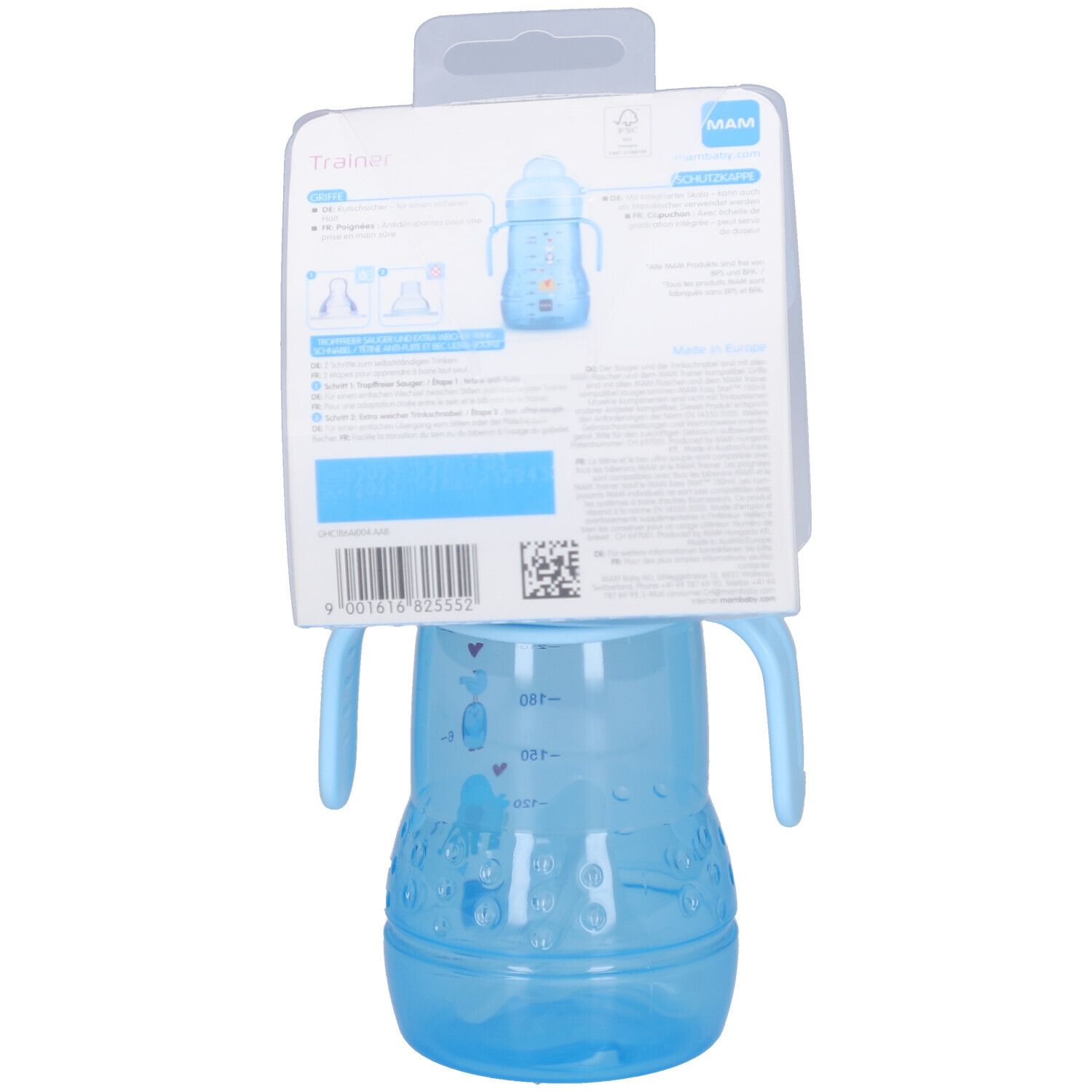 Dos de l'emballage du gobelet d'apprentissage bleu. Informations et logo.