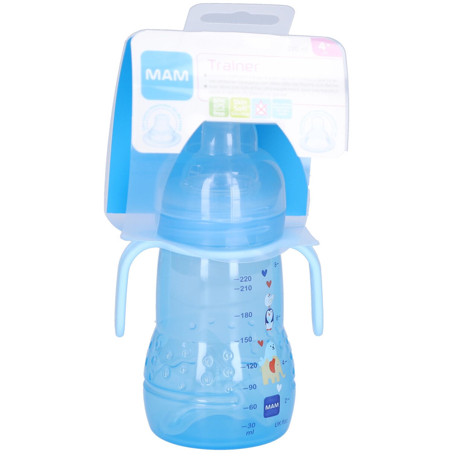 Gobelet d'apprentissage bleu avec poignées et emballage. Vue de face.