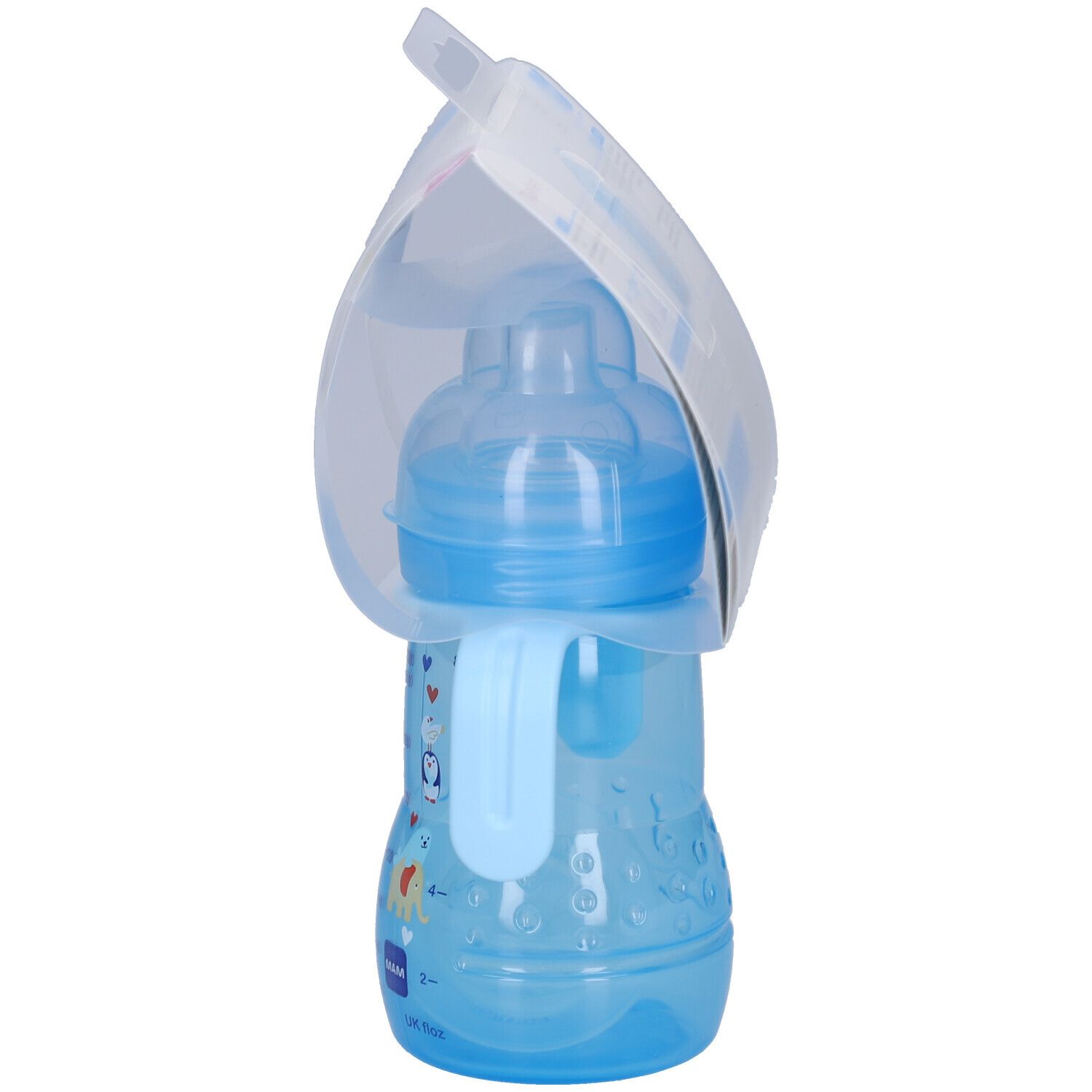 Gobelet d'apprentissage bleu avec poignée. Vue latérale, partiellement emballé.