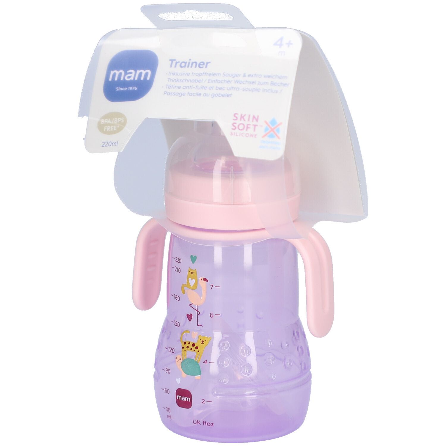 Gobelet d'apprentissage rose avec poignées, graduation et motifs animaux. Emballage avec informations.