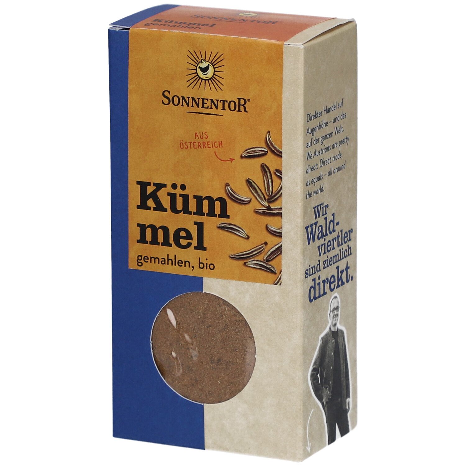 Karton mit Kümmel gemahlen, BIO. Sichtfenster. Marke SONNENTOR. Text: Kümmel, gemahlen, bio. Herkunft Österreich.