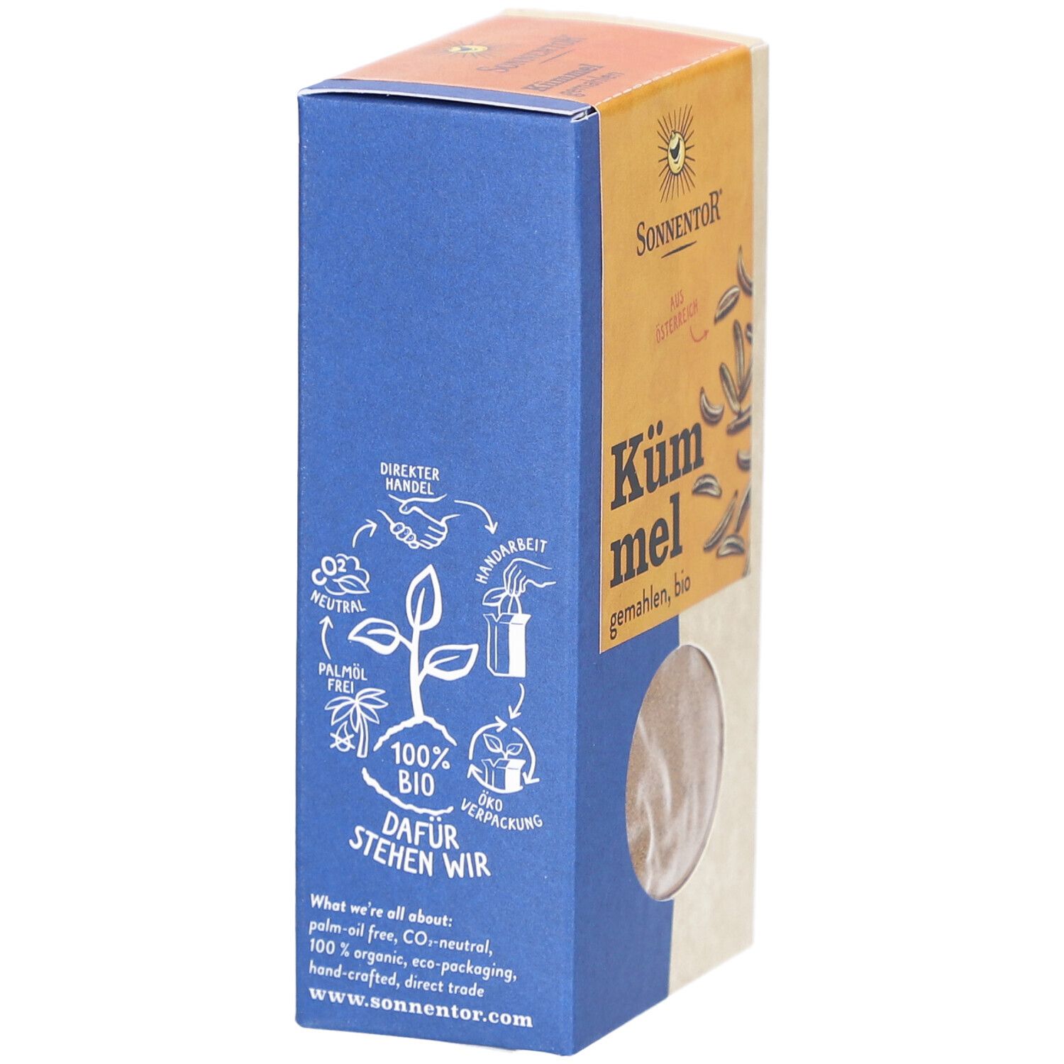 Karton mit Kümmel gemahlen, BIO. Blaue Seite mit Text und Illustrationen. Marke SONNENTOR. 100% BIO. Palmölfrei.