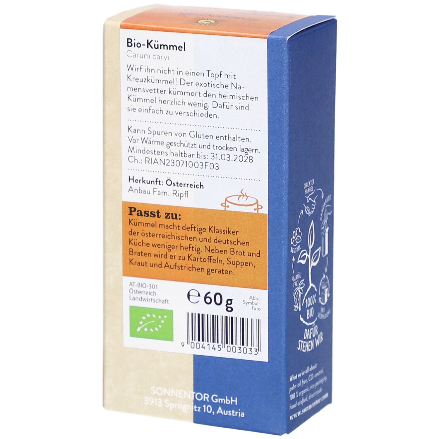 Rückseite der Kümmel-Verpackung. Text: Bio-Kümmel, Carum carvi. Mindesthaltbarkeit. Herkunft Österreich. 60g. Bio-Siegel.