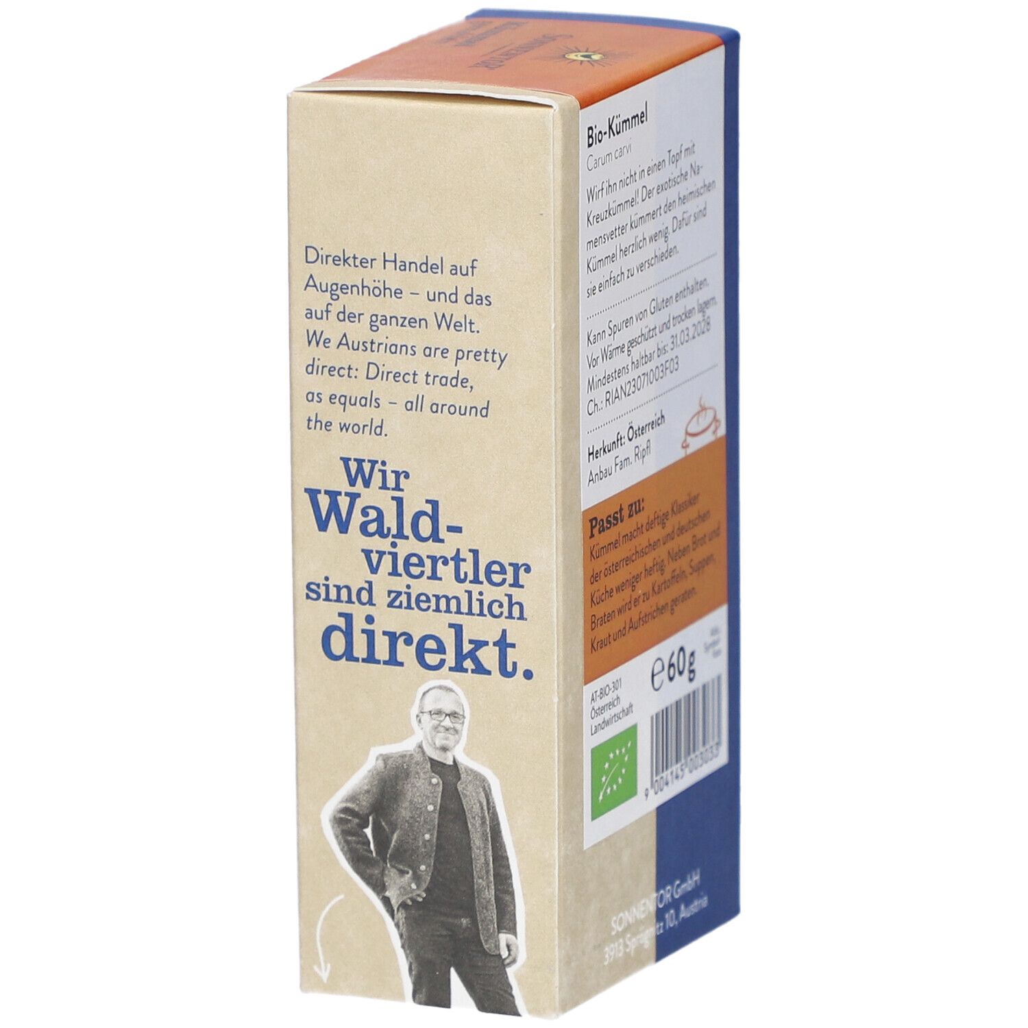 Seite der Kümmel-Verpackung. Text: Direkter Handel. Wir Waldviertler sind ziemlich direkt. Marke SONNENTOR. 60g. Bio-Siegel.