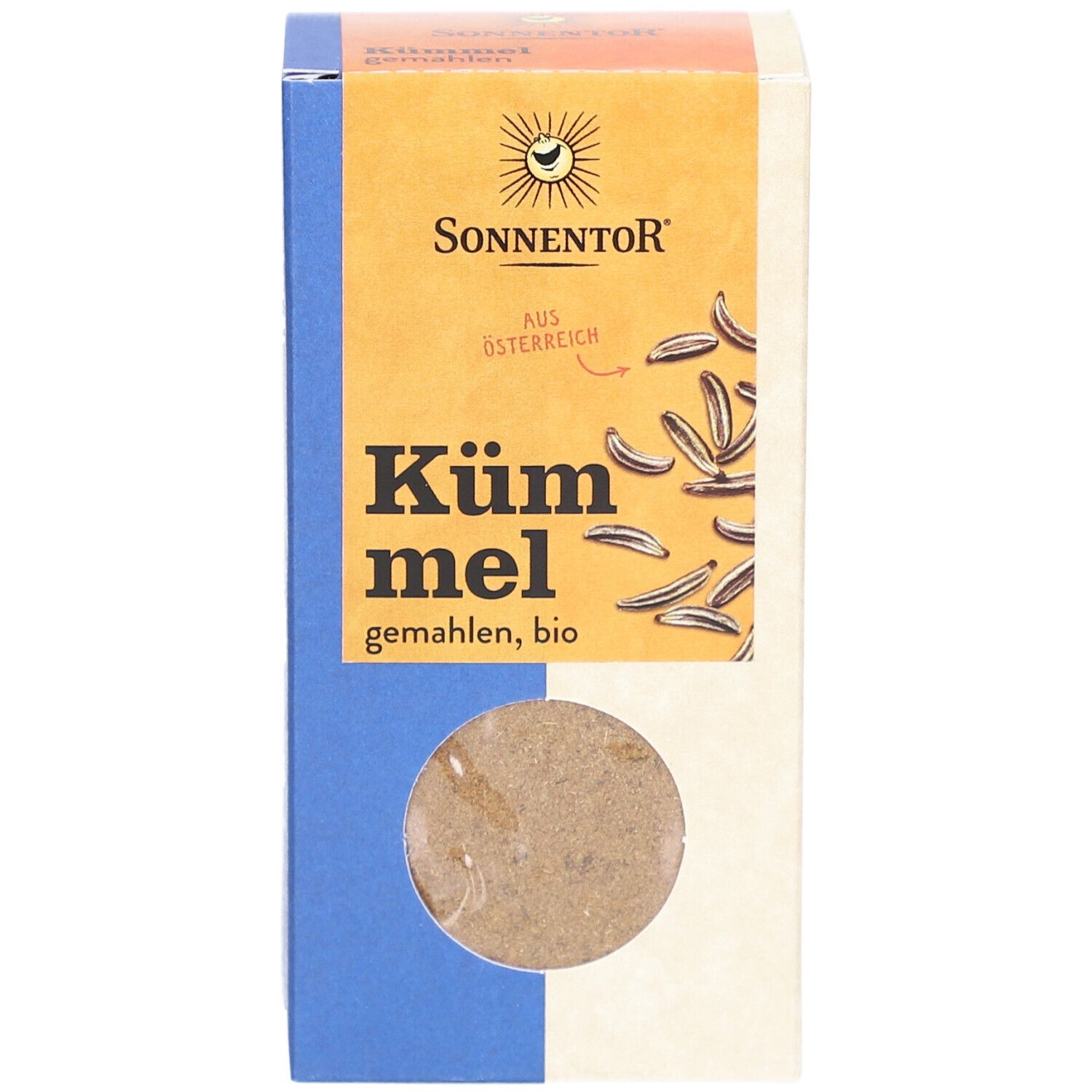 Karton mit Kümmel gemahlen, BIO. Sichtfenster. Marke SONNENTOR. Text: Kümmel, gemahlen, bio. Herkunft Österreich.