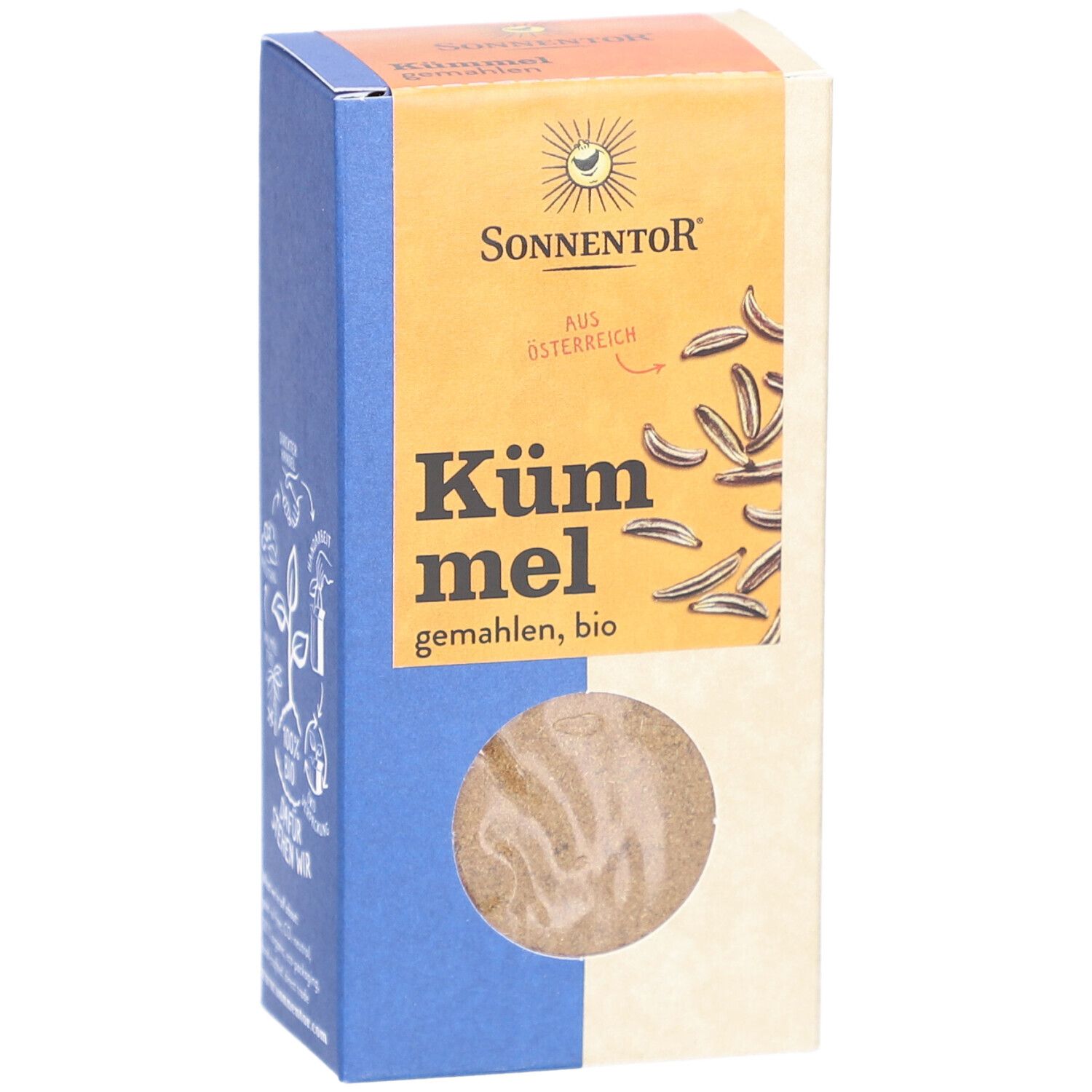 Karton mit Kümmel gemahlen, BIO. Sichtfenster. Marke SONNENTOR. Text: Kümmel, gemahlen, bio. Herkunft Österreich.