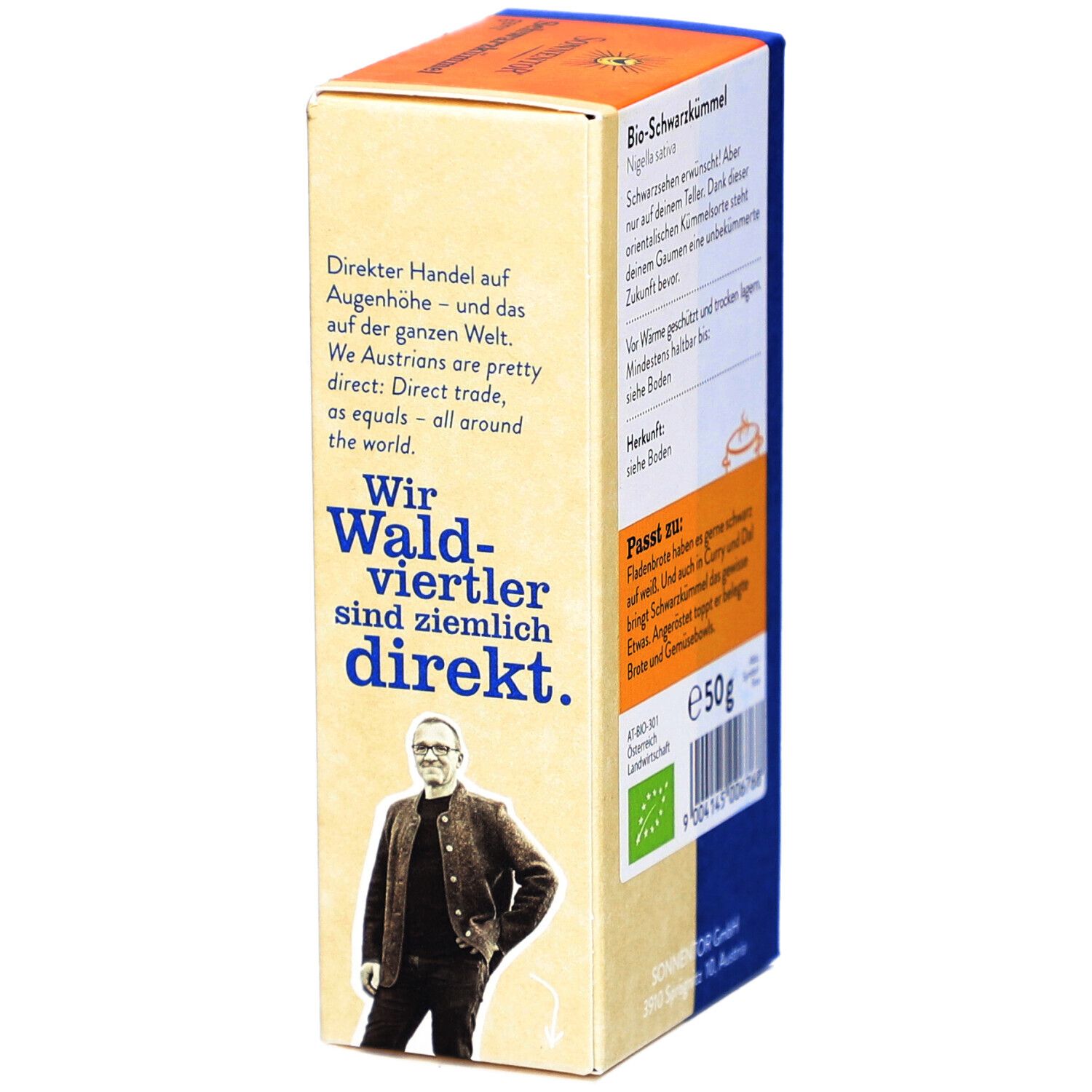 Côté de l'emballage de cumin noir. Texte : Commerce direct, Nous, les Waldviertler, sommes directs. Logo : label bio.