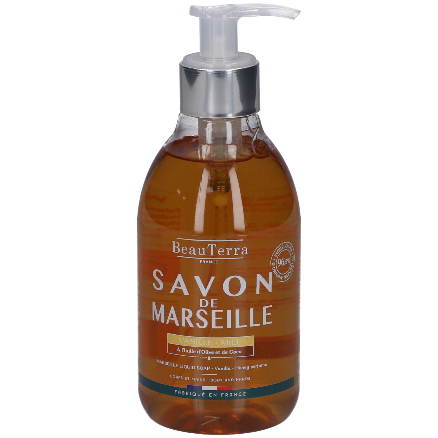 Savon liquide en flacon transparent avec pompe. Inscription: Savon de Marseille, Vanille Miel. Fabriqué en France.