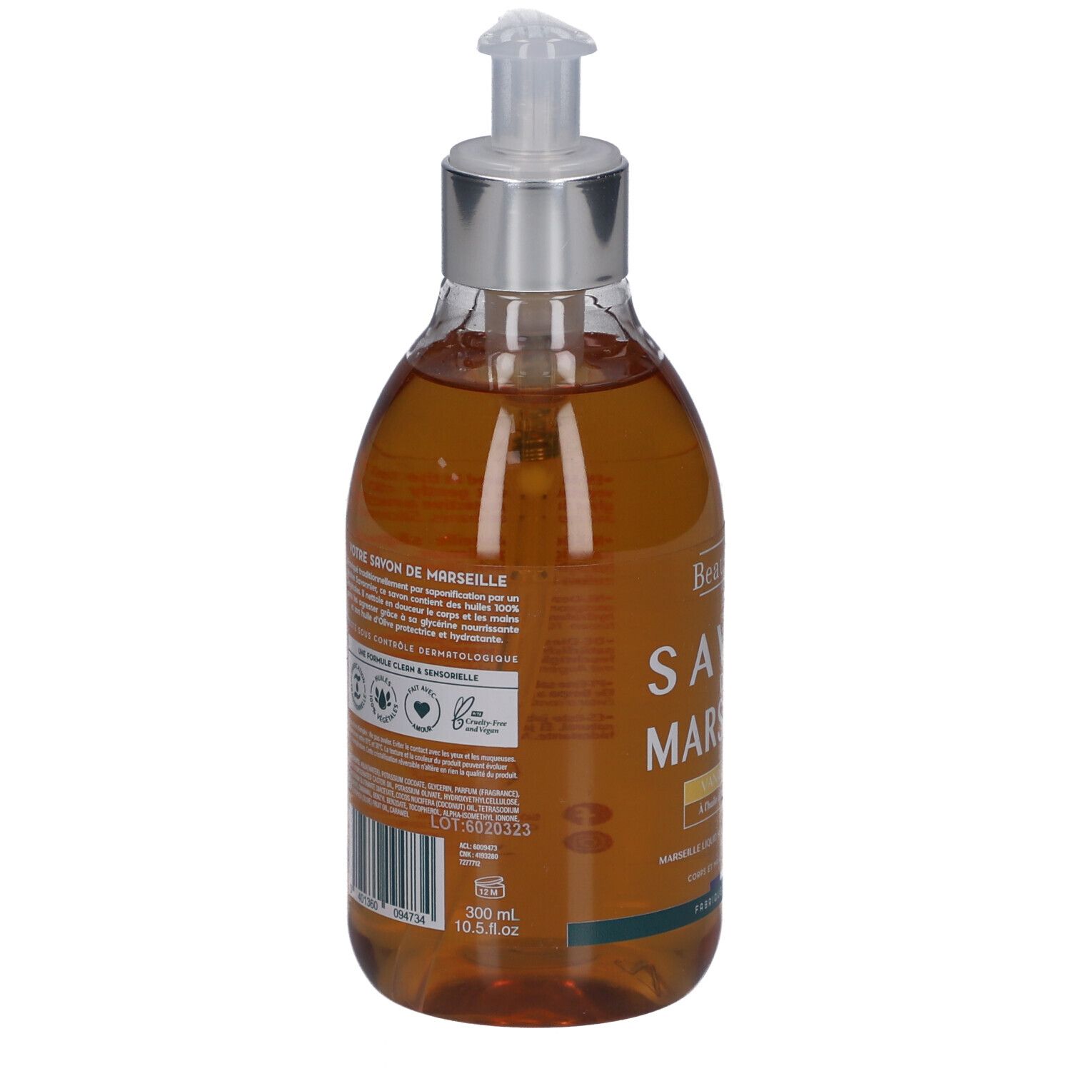 Dos du flacon de savon liquide. Texte multilingue. Code-barres et indication de volume: 300 ml. Avec certifications.
