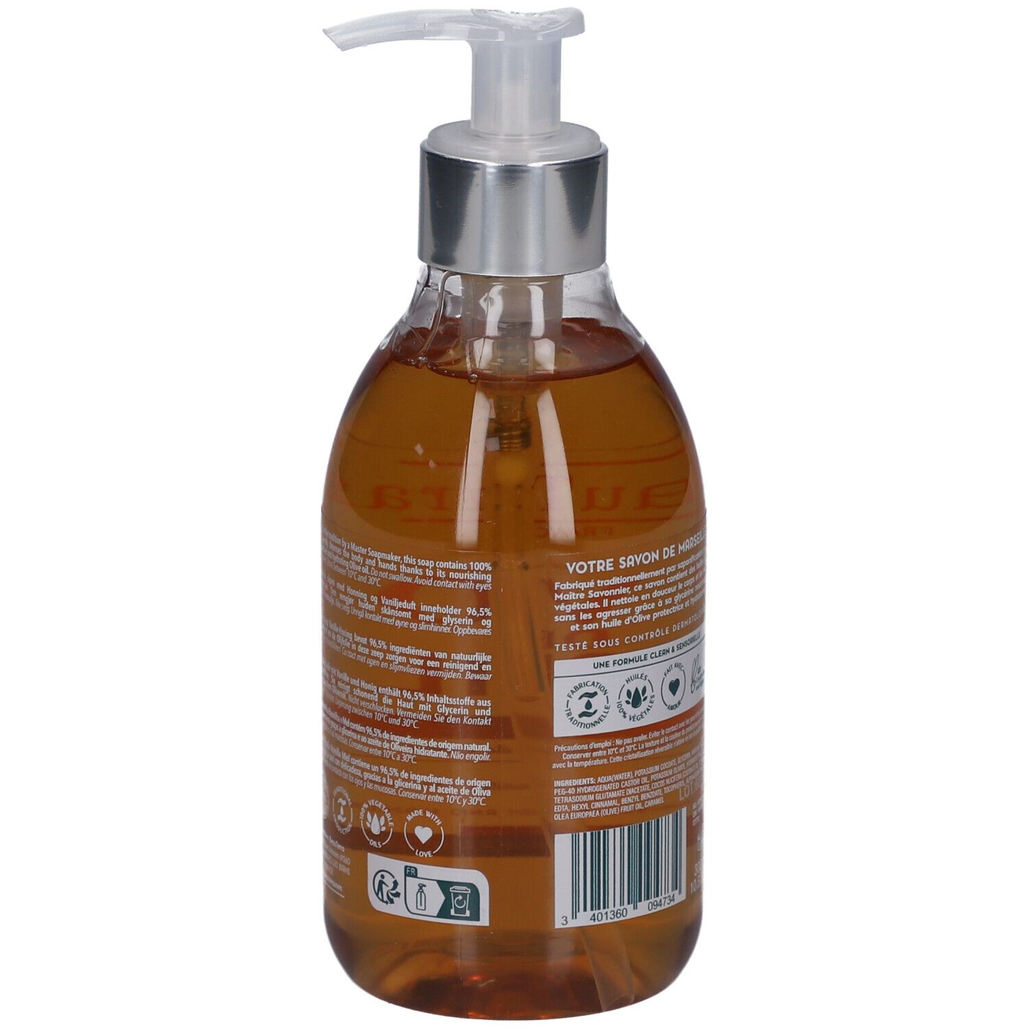 Dos du flacon de savon liquide. Texte multilingue. Avec certifications et un code-barres.