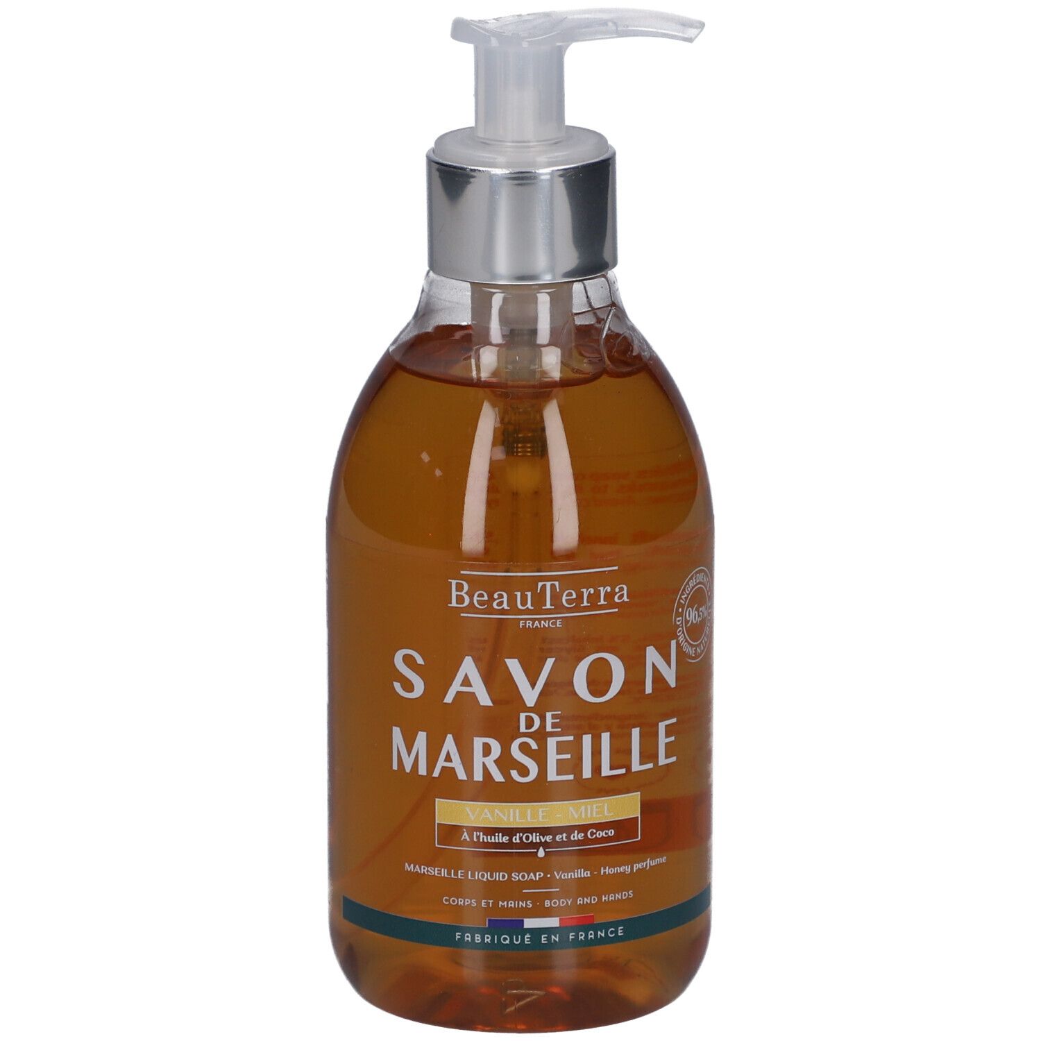 Savon liquide en flacon transparent avec pompe. Inscription: Savon de Marseille, Vanille Miel. Fabriqué en France.