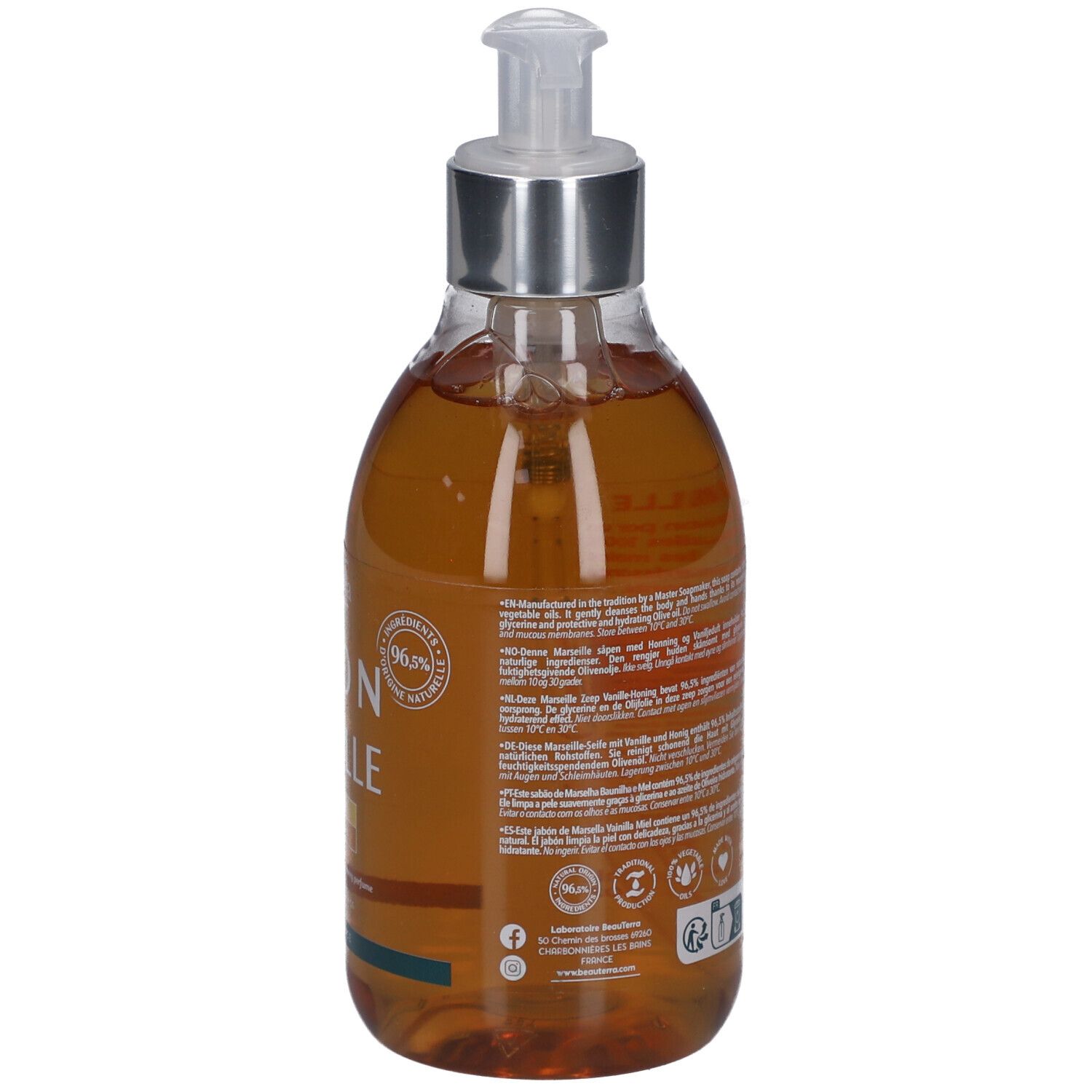 Dos du flacon de savon liquide. Texte multilingue. Avec labels de qualité et certifications.