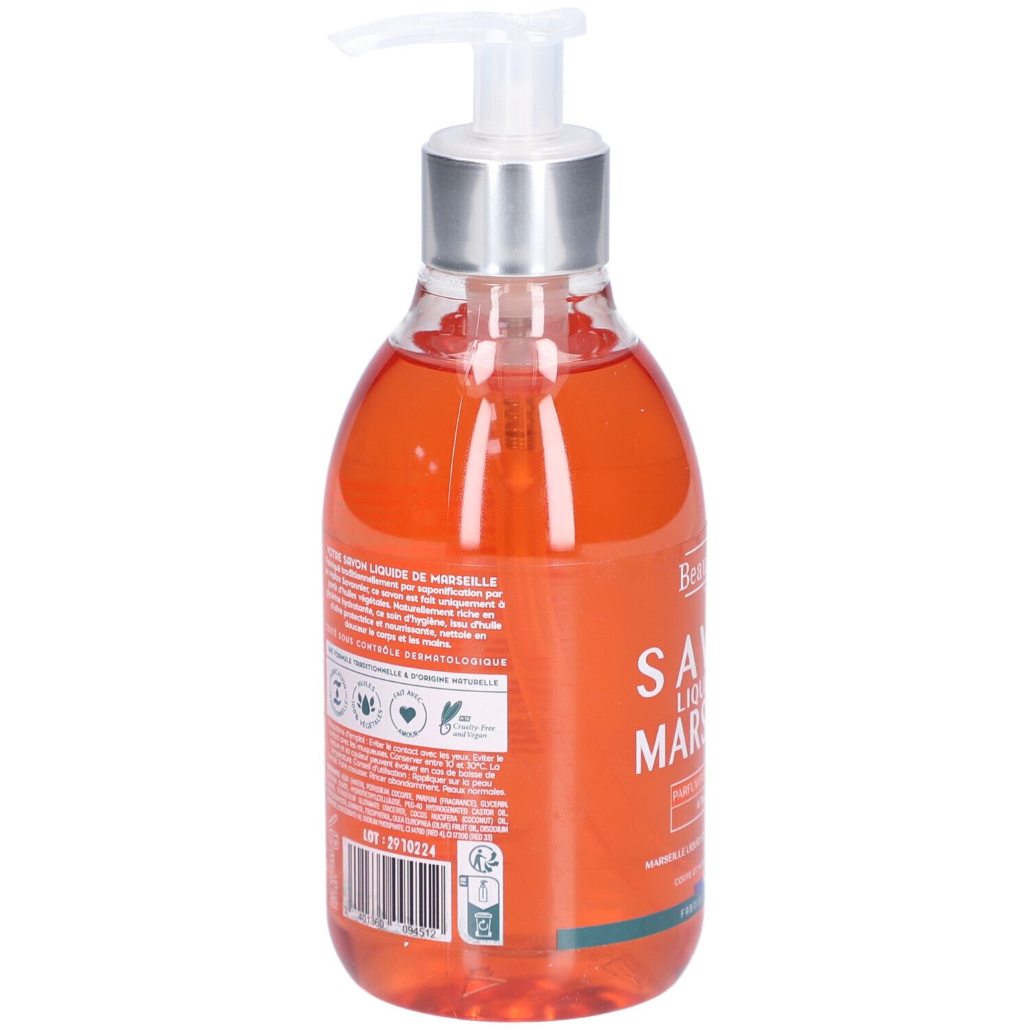 Dos du flacon de savon liquide. Texte multilingue. Logos pour ingrédients naturels et tolérance dermatologique.