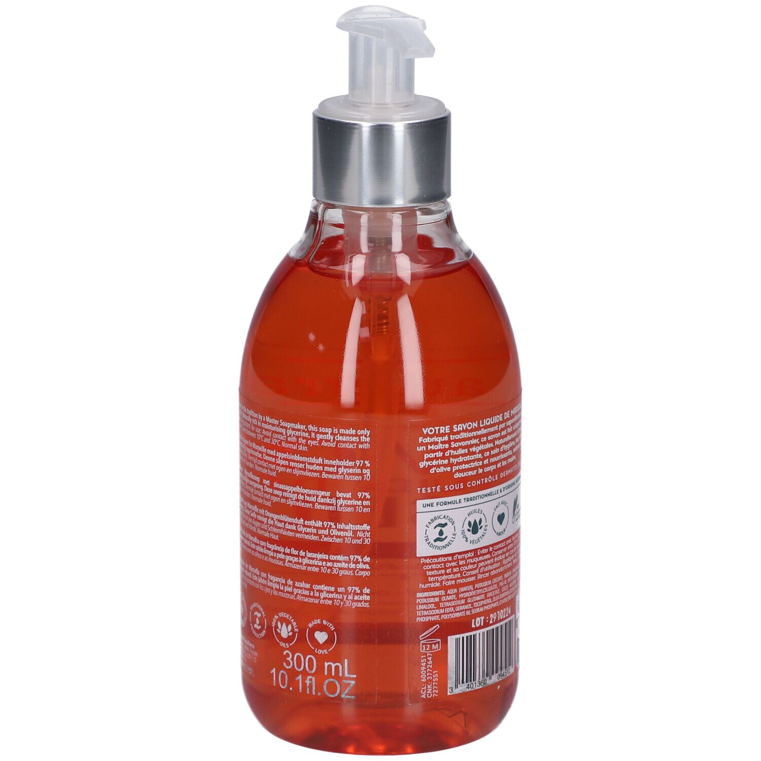 Dos du flacon de savon liquide. Texte multilingue. Volume : 300 ml. Logos pour ingrédients naturels et tolérance dermatologique.