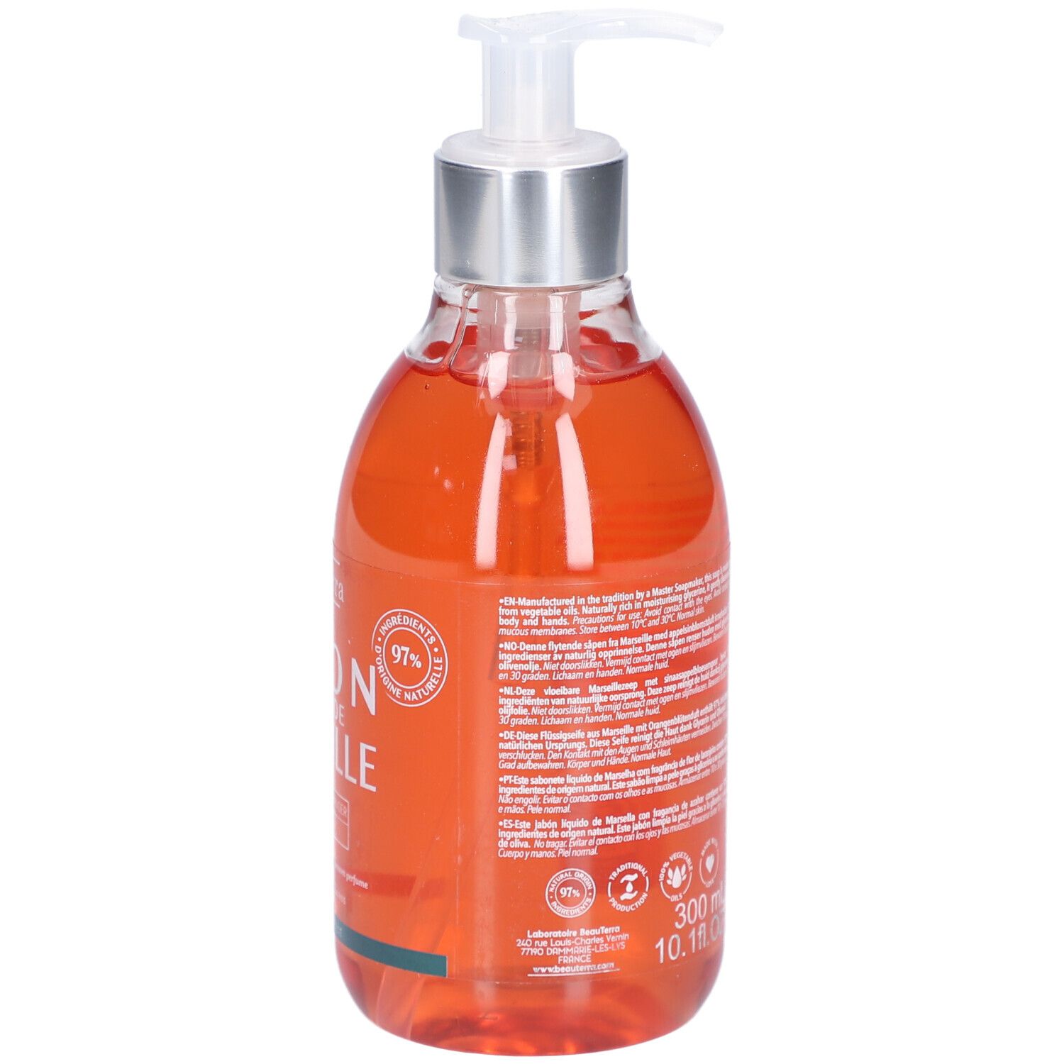 Dos du flacon de savon liquide. Texte multilingue. Volume : 300 ml. 97% ingrédients naturels. Logos.