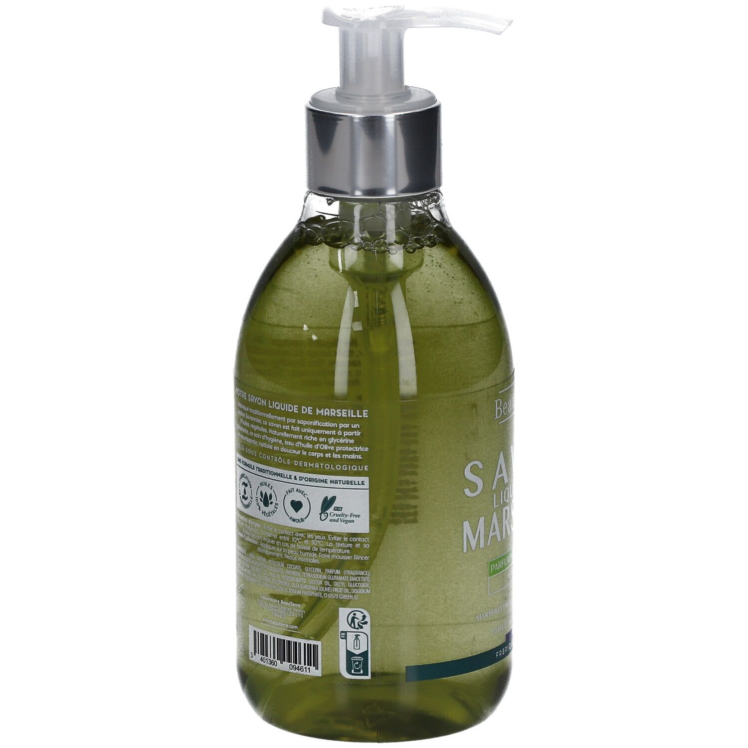 Dos du savon liquide. Texte et logos sur l'étiquette. Produit vert. Distributeur en métal et plastique. Fabriqué en France.