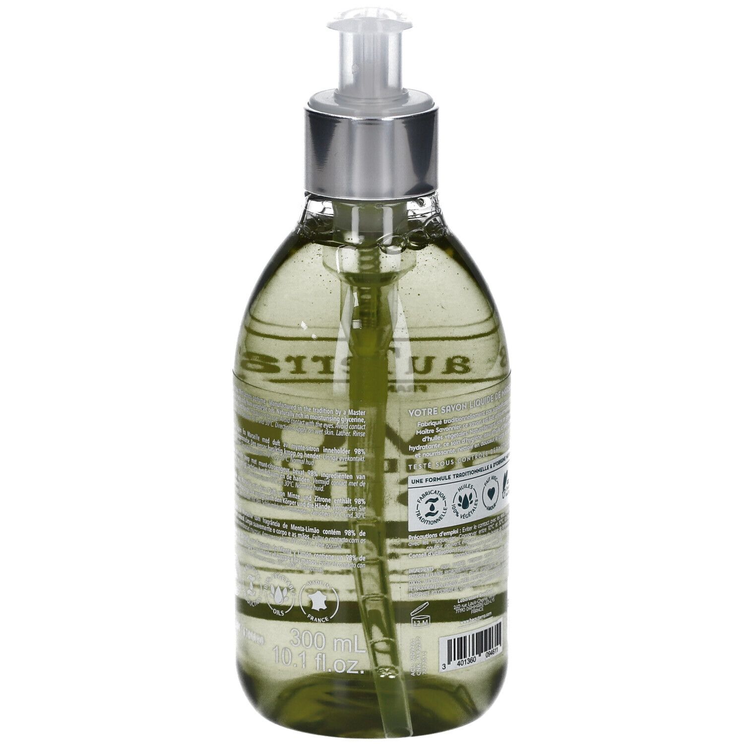 Dos du savon liquide. Texte et logos sur l'étiquette. Produit vert. Distributeur en métal et plastique. Fabriqué en France.