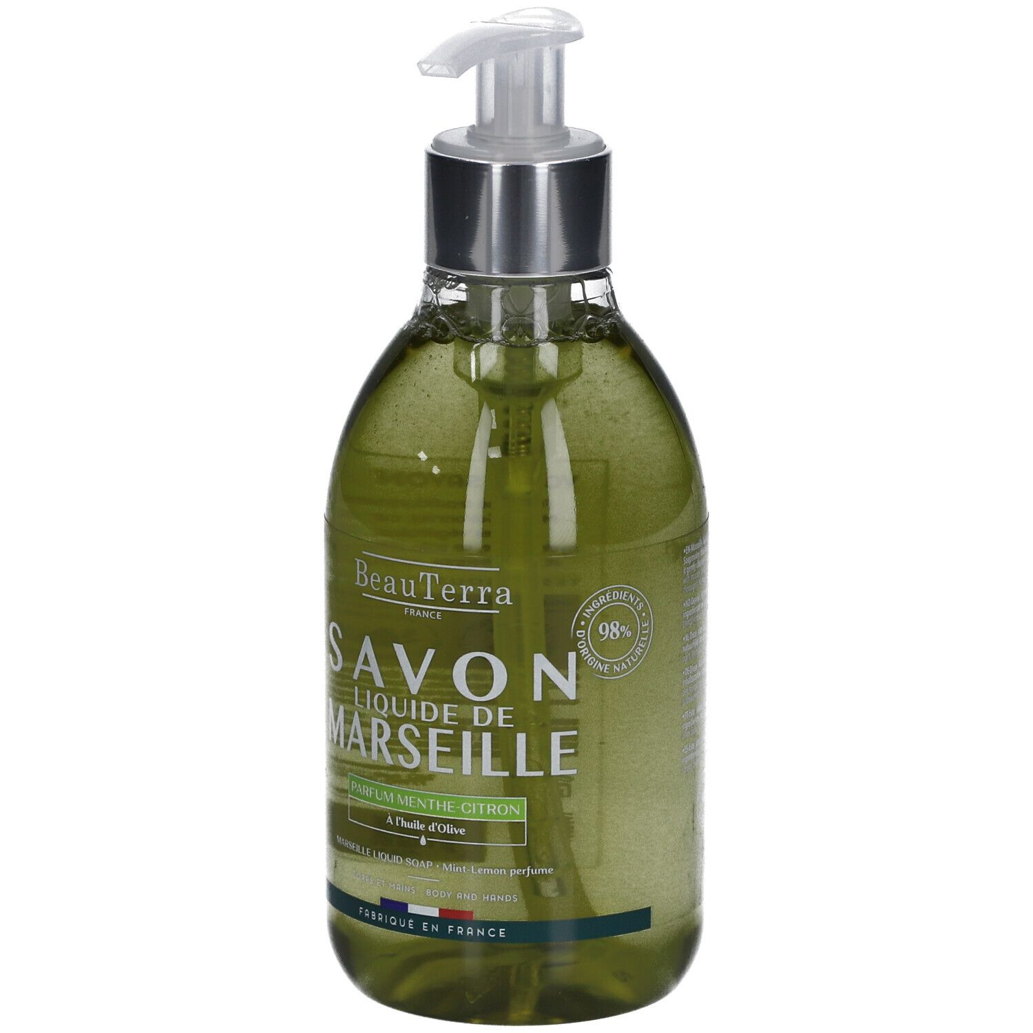 Savon liquide avec distributeur. Produit vert transparent. Inscription: Savon liquide de Marseille, Parfum Menthe-Citron. Fabriqué en France.