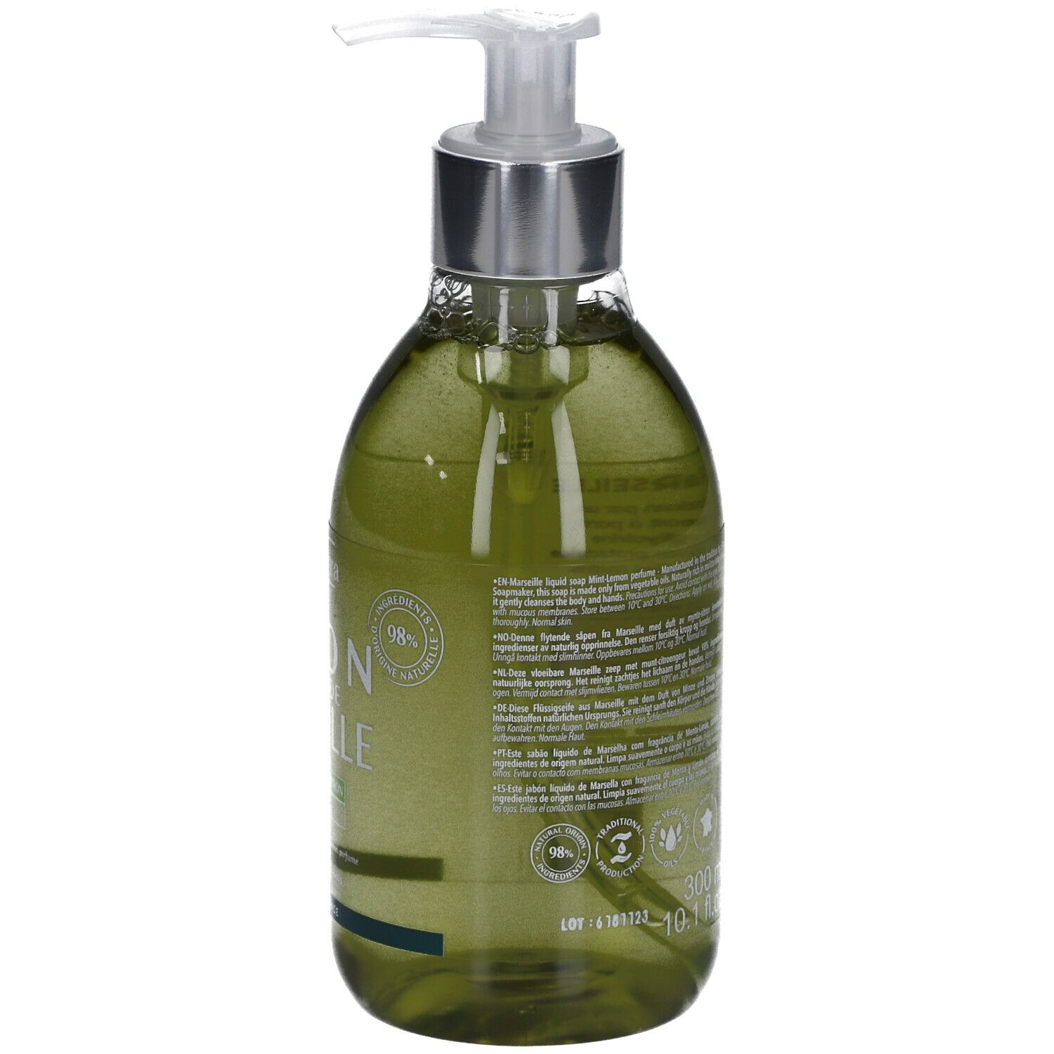 Dos du savon liquide. Texte et logos sur l'étiquette. Produit vert. Distributeur en métal et plastique. Fabriqué en France.