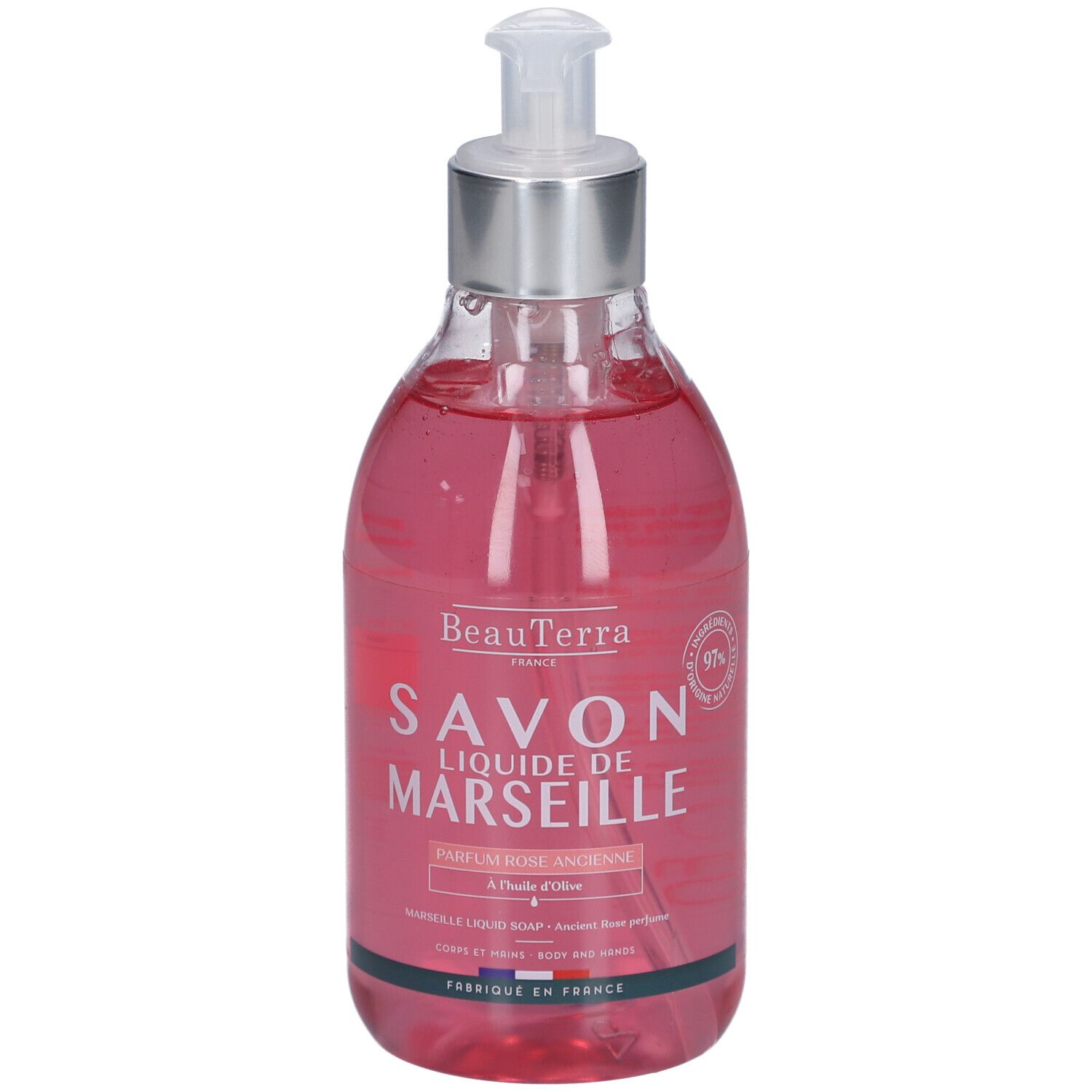 Flacon transparent de savon liquide rose. Inscription: Savon Liquide de Marseille. Avec pompe doseuse.