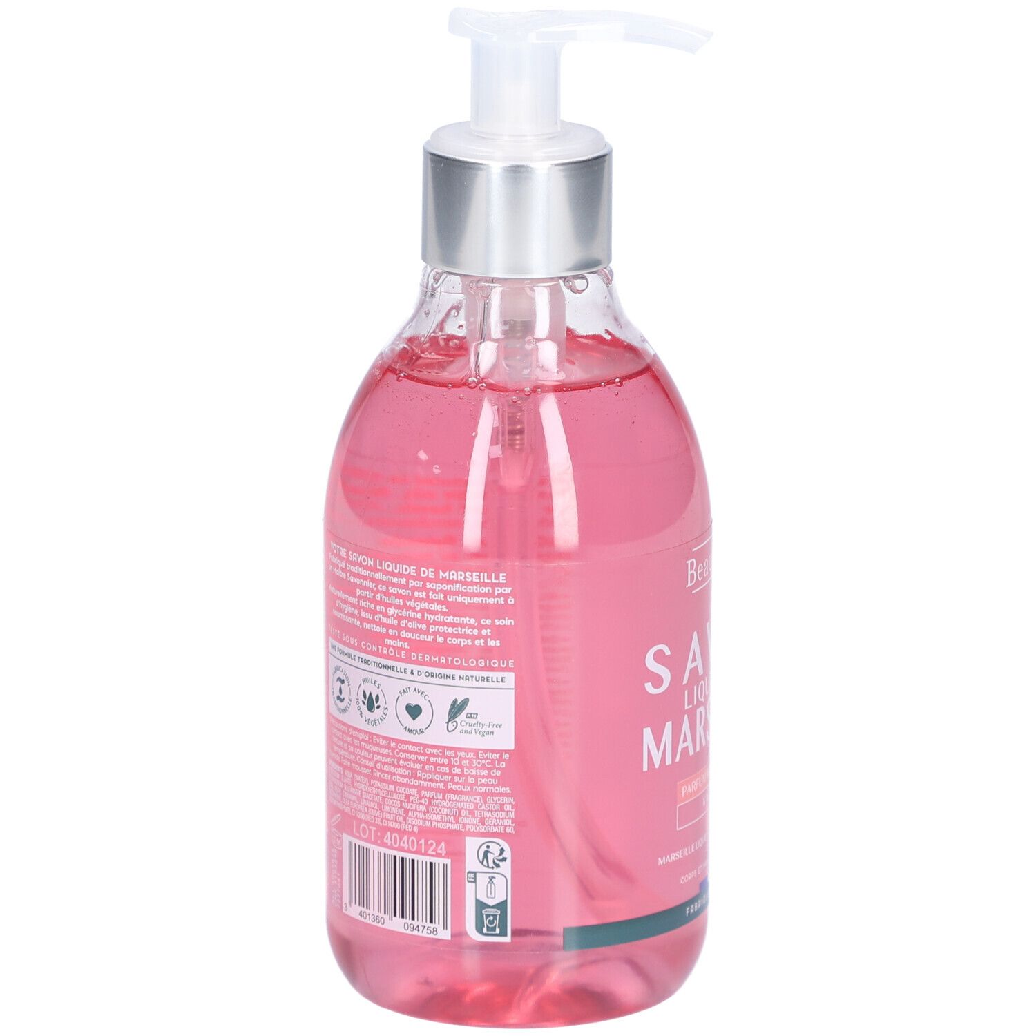 Dos du flacon de savon liquide rose. Texte et logos. Avec pompe doseuse.