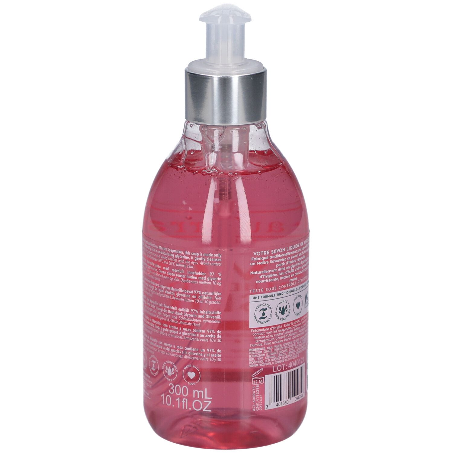 Dos du flacon de savon liquide rose. Texte et logos. 300 ml. Avec pompe doseuse.
