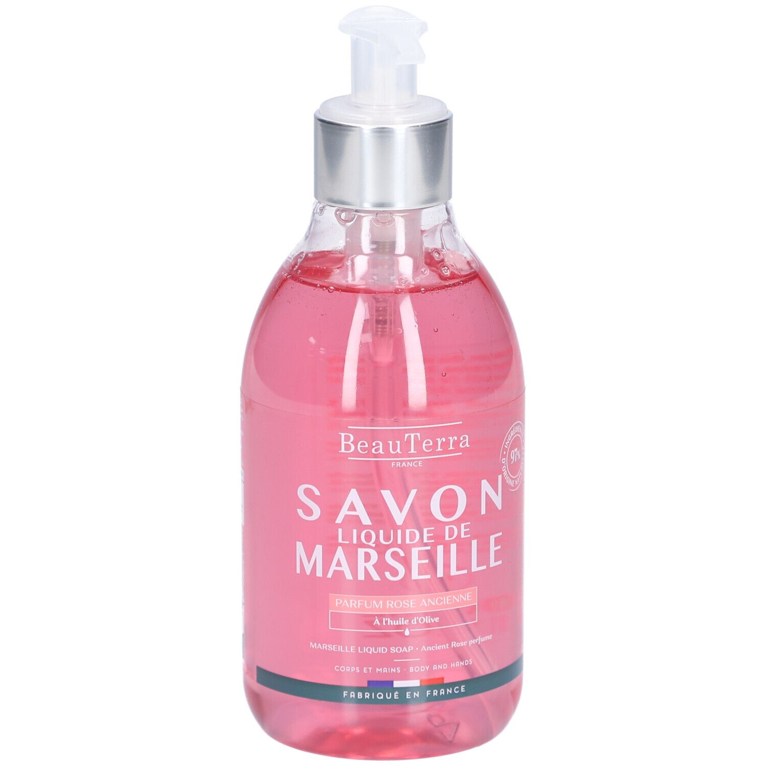 Flacon transparent de savon liquide rose. Inscription: Savon Liquide de Marseille. Avec pompe doseuse.