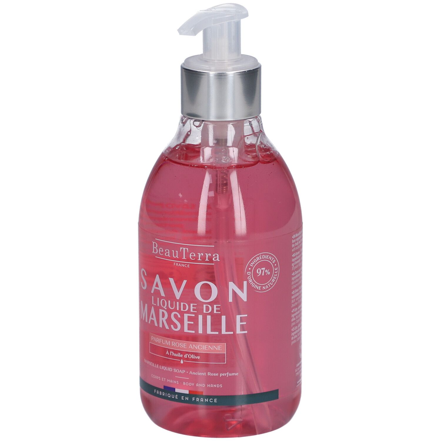 Flacon transparent de savon liquide rose. Inscription: Savon Liquide de Marseille. Avec pompe doseuse.
