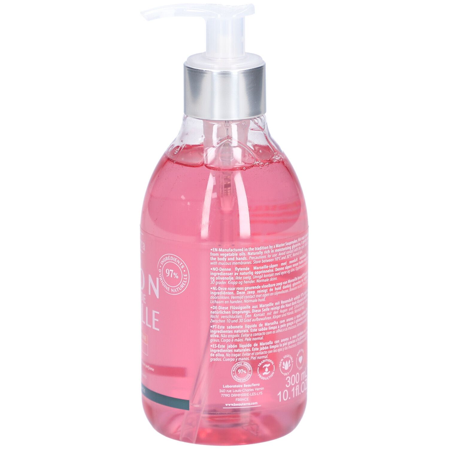 Dos du flacon de savon liquide rose. Texte et logos. 300 ml. Avec pompe doseuse.
