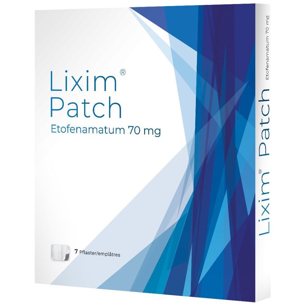 Verpackung von Lixim Patch. Enthält 7 Pflaster. Aufschrift: Etofenamatum 70 mg. Weiß, blaues Design.