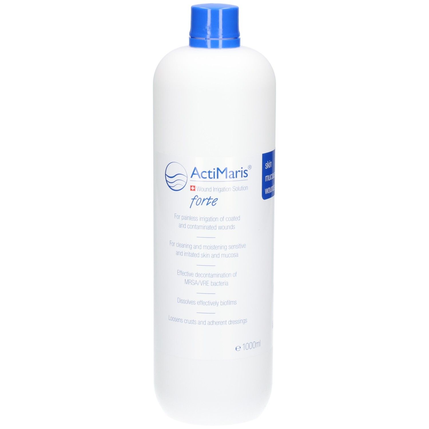 Weiße Flasche Actimaris forte Wundspüllösung mit blauem Verschluss. Beschriftung auf Deutsch.