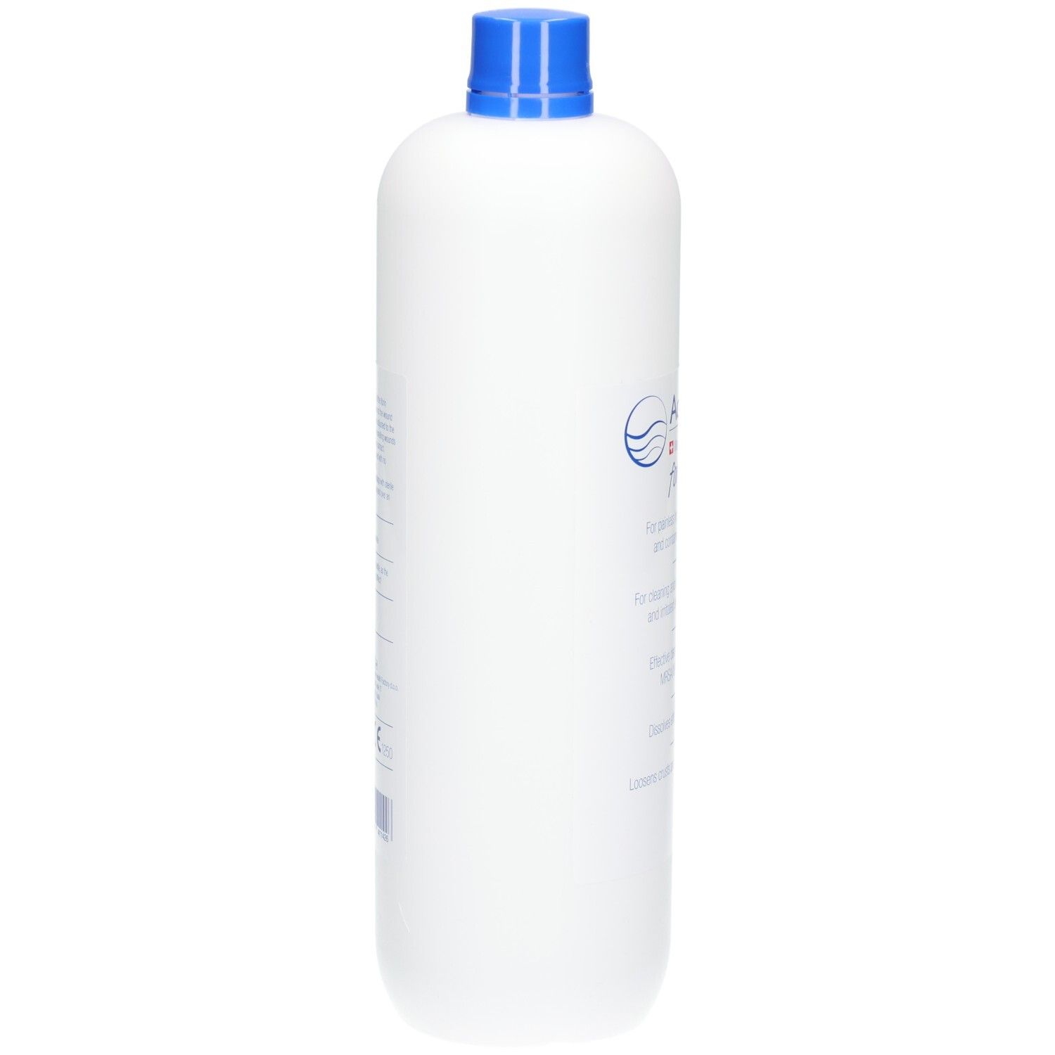 Rückseite einer weißen Flasche Actimaris forte Wundspüllösung mit blauer Kappe. Beschriftung auf Deutsch.