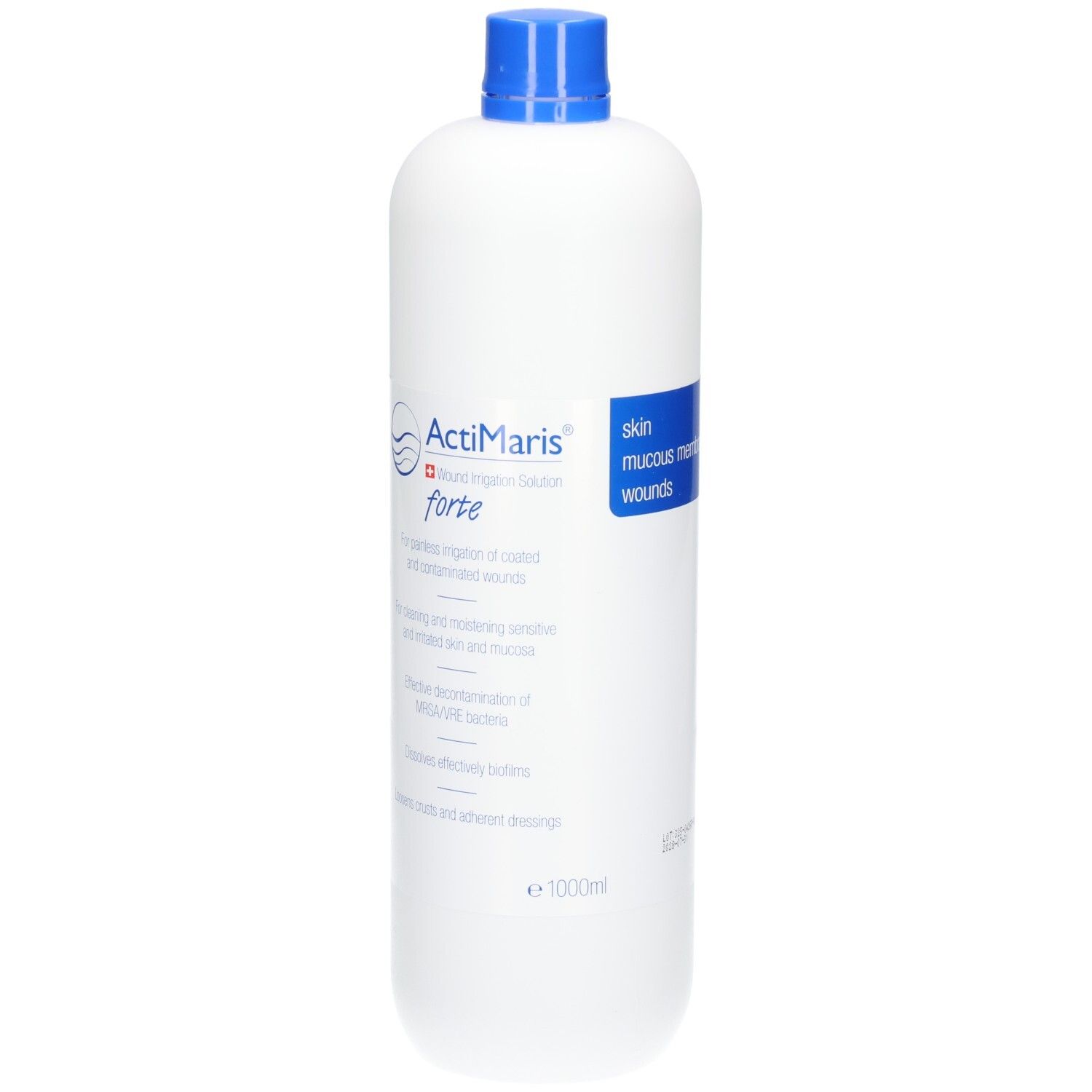 Weiße Flasche Actimaris forte Wundspüllösung mit blauem Verschluss. Blaue Banderole mit Text.