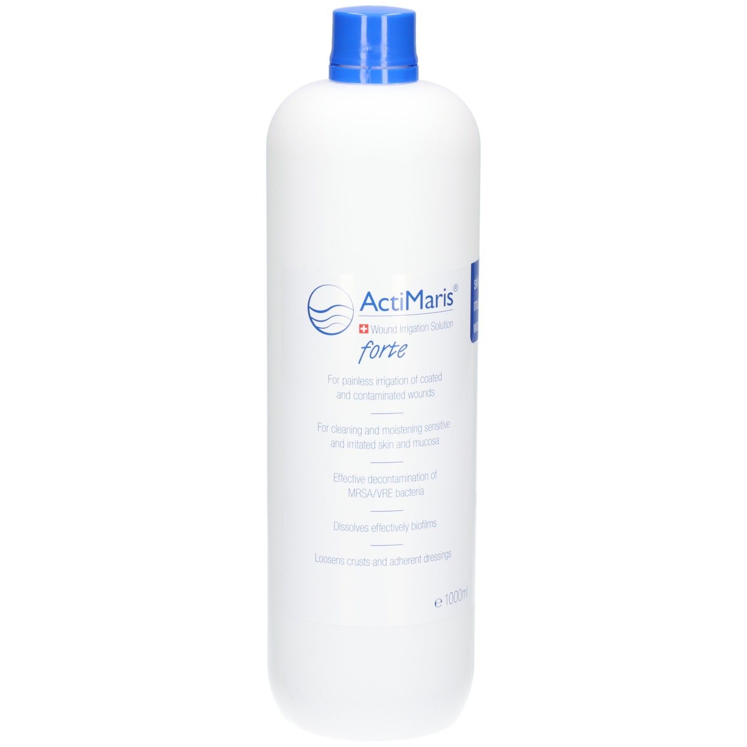 Weiße Flasche Actimaris forte Wundspüllösung mit blauem Verschluss. Vorderseite mit detaillierter Beschriftung.