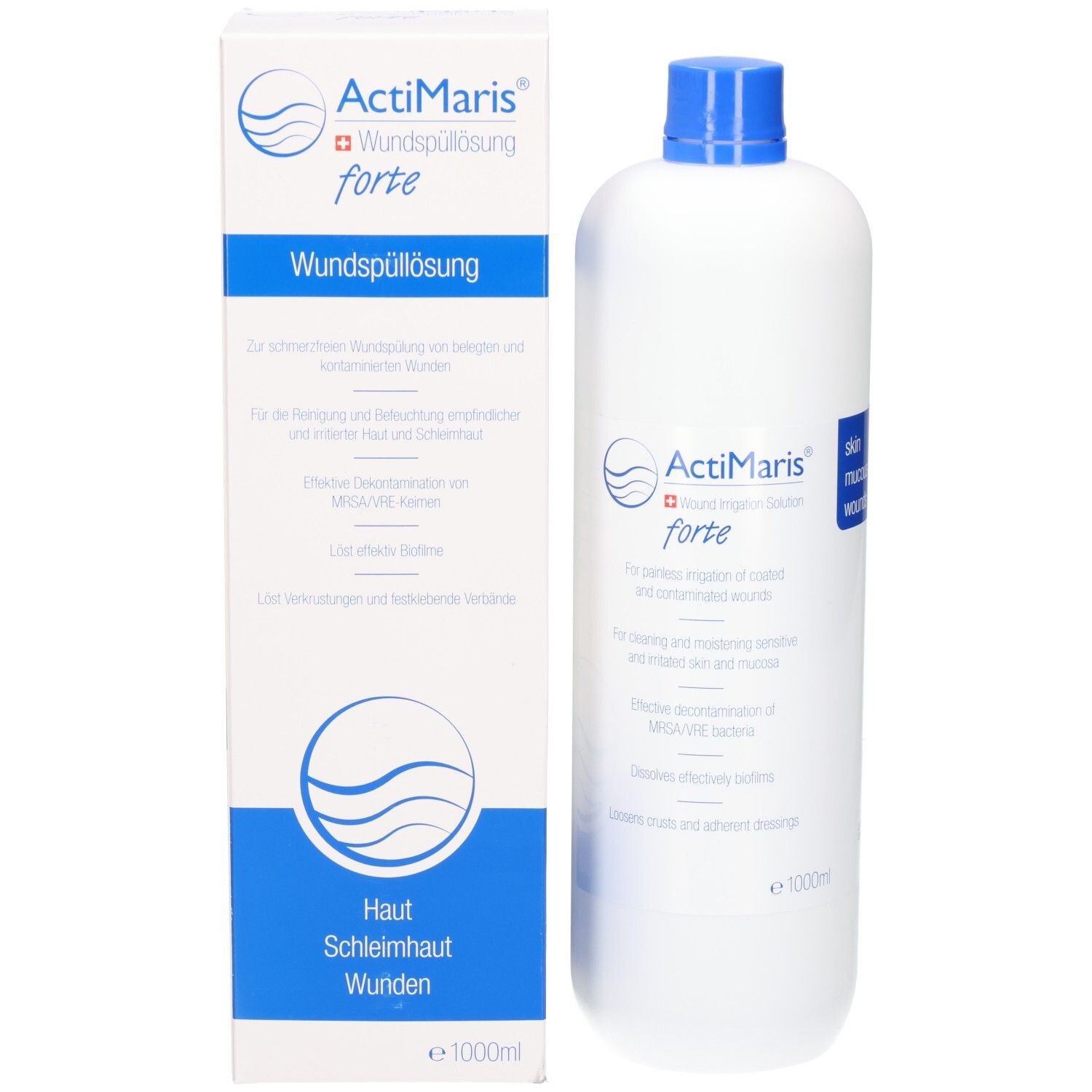 Actimaris forte Wundspüllösung Flasche und Karton. Beschriftung auf Deutsch.