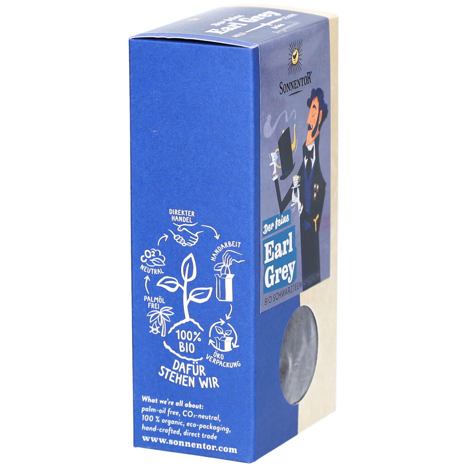 Blaue Seite der Teeverpackung. Text: 100% BIO, Palmölfrei, CO2-neutral. Illustrationen von Pflanzen. Logo: SONNENTOR.