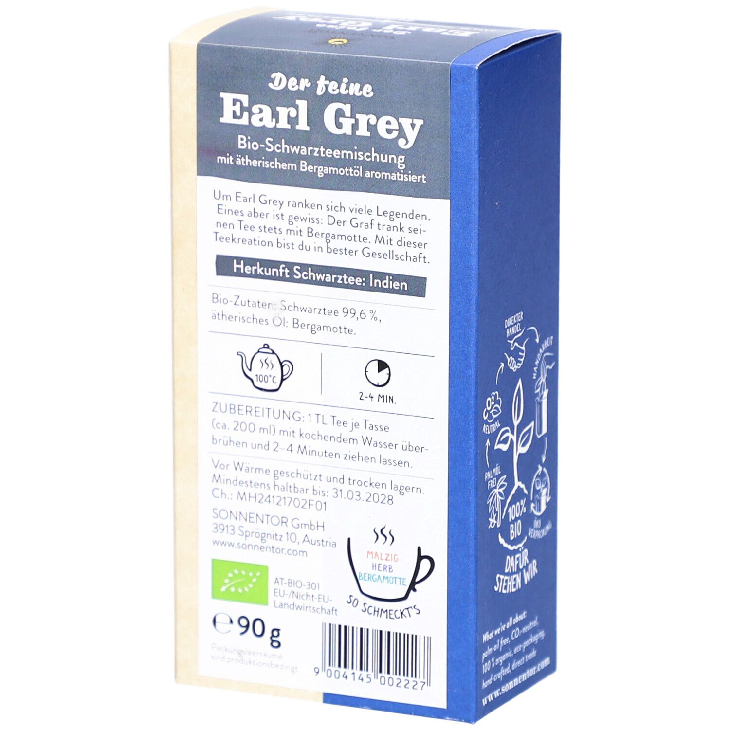 Rückseite der Teeverpackung. Text: Earl Grey, Zutaten, Zubereitung, Mindesthaltbarkeit. Logo: SONNENTOR. Bio-Siegel.