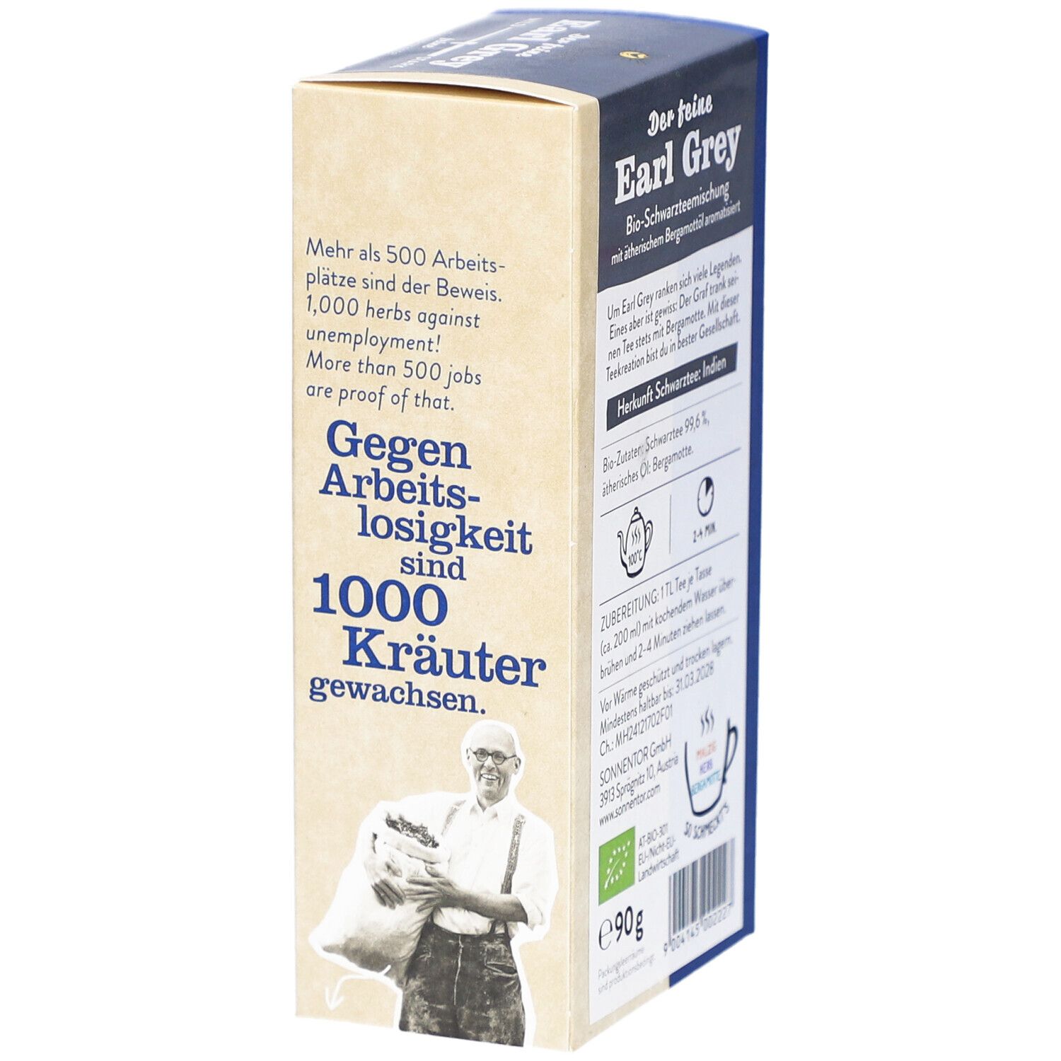 Seite der Teeverpackung mit Text über Arbeitsplätze und Kräuter. Logo: SONNENTOR. Illustration eines Mannes mit Kräutern.