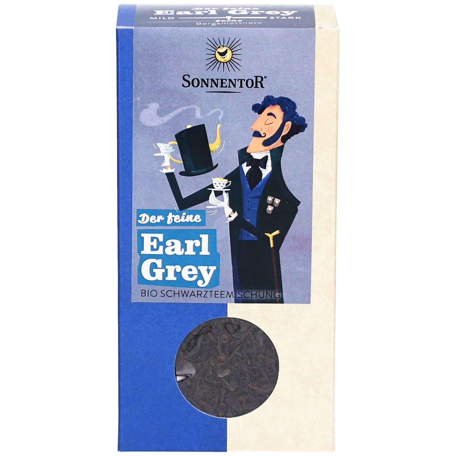 Vorderseite der Teeverpackung. Logo: SONNENTOR. Text: Earl Grey, Bio-Schwarzteemischung. Sichtfenster mit Tee.