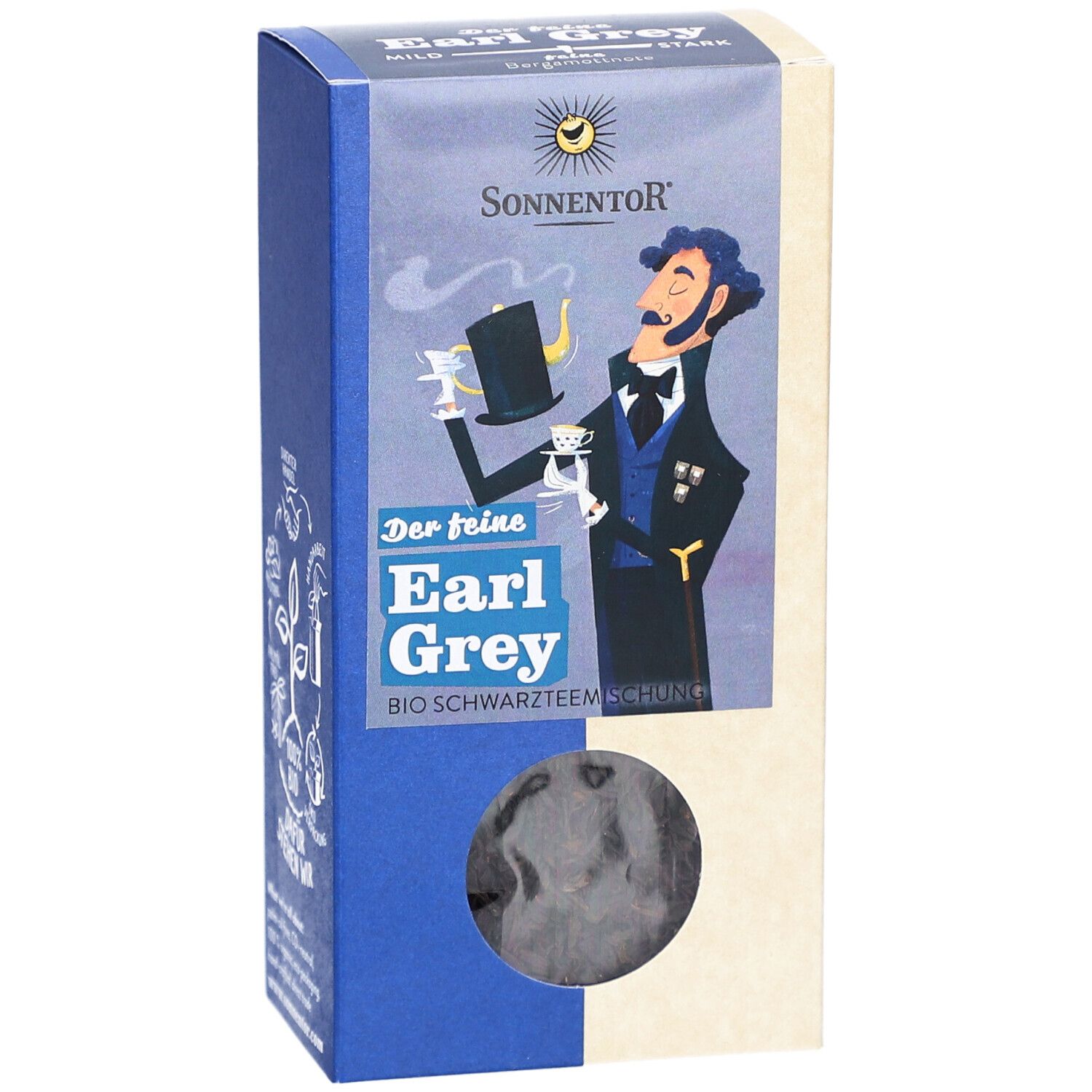 Vorderseite der Teeverpackung. Logo: SONNENTOR. Text: Earl Grey, Bio-Schwarzteemischung. Sichtfenster mit Tee.