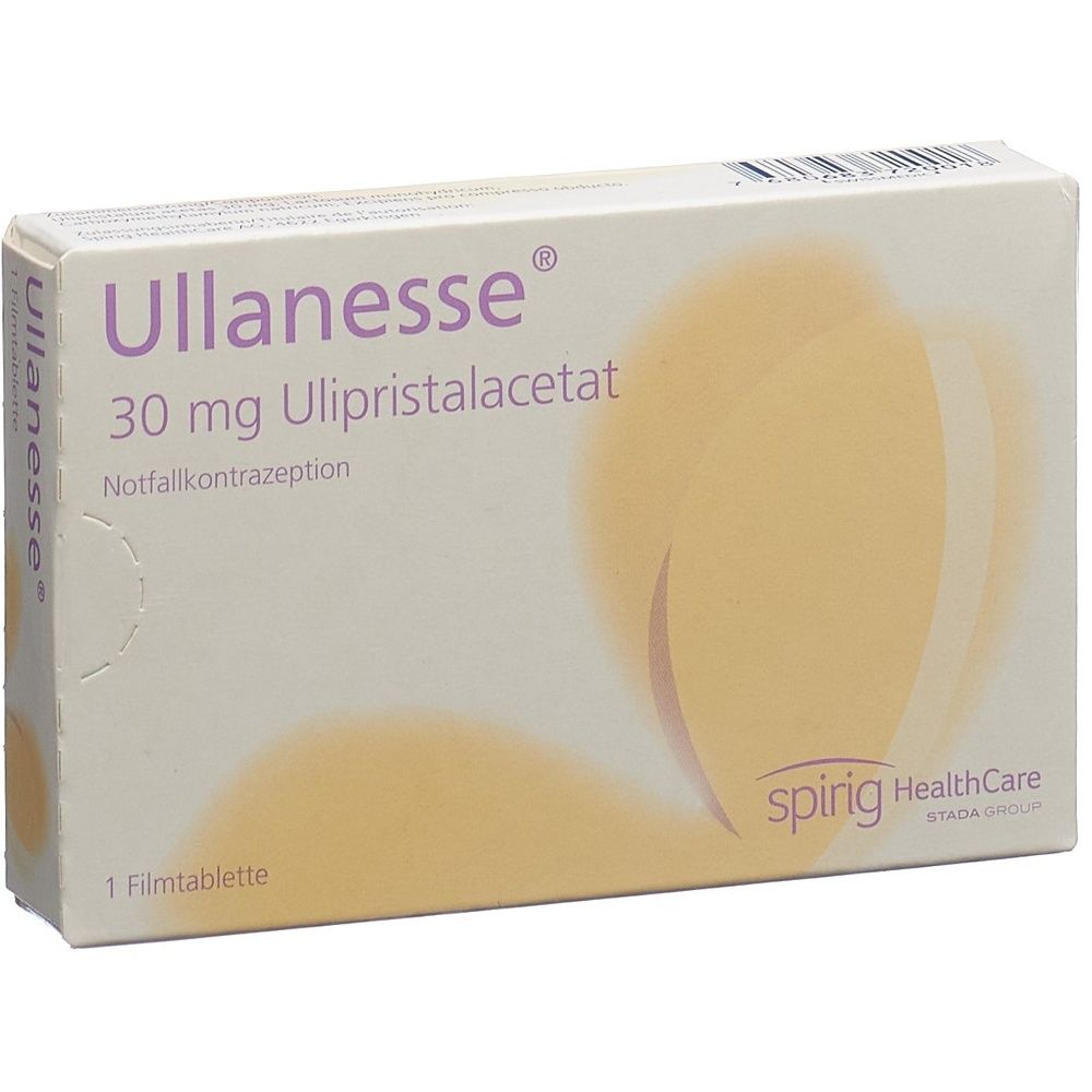 Verpackung von ULLANESSE Filmtabl 30 mg. Aufschrift: ULLANESSE, 30 mg Ulipristalacetat, Notfallkontrazeption. 1 Filmtablette. Spirig HealthCare.