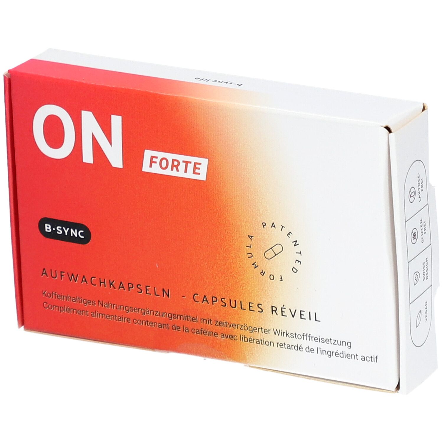 Boîte "ON FORTE" capsules réveil. Blanc-rouge, texte, symbole de capsule. Logo B-SYNC.